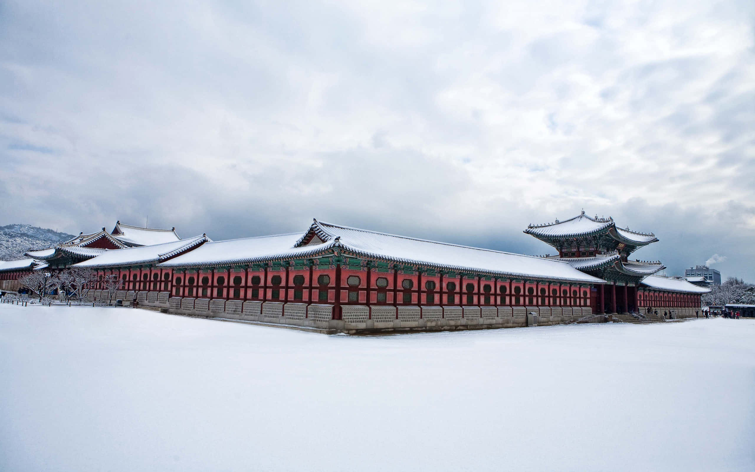 韓國 桌布 壁紙 — 在陰沉的冬日天空下，一座覆蓋著雪的宏偉傳統韓國宮殿。