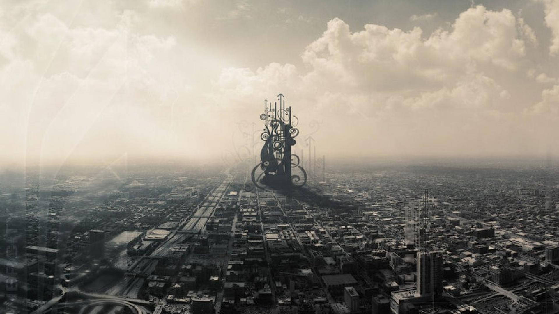 德黑蘭 桌布 壁紙 — 在陰雲密佈的天空下，一座華麗的機械結構從城市擴張中拔地而起，主導了這幅超現實的棕褐色城市景觀。