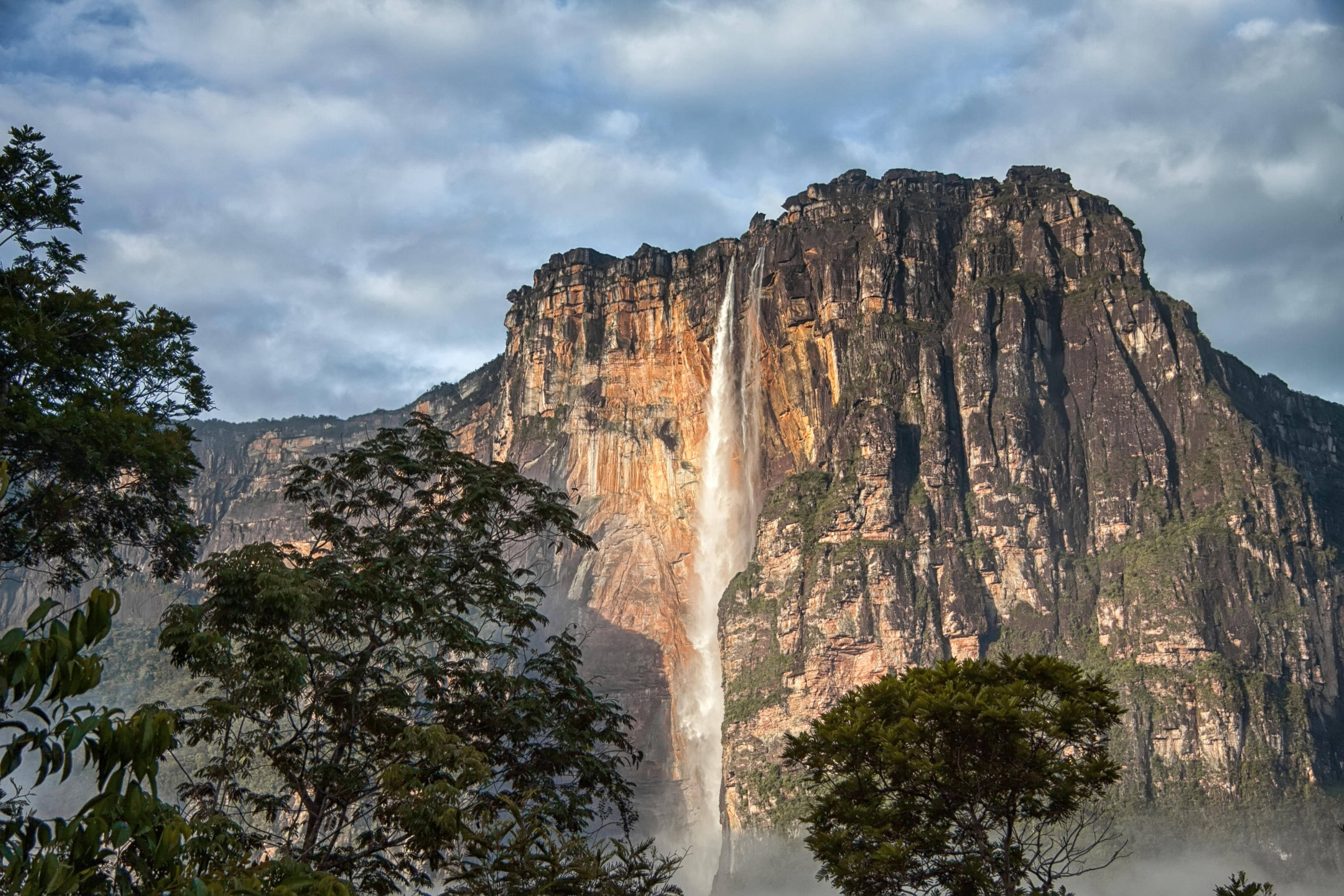 South America 桌布 壁紙 — 在陰雲密佈的天空下，一道雄偉的瀑布從高聳的懸崖峭壁上傾瀉而下，周圍環繞著茂密的綠樹。