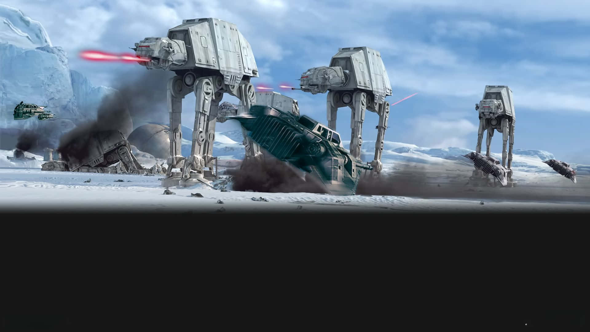 Hoth 桌布 壁紙 — 在陰雲密佈的天空下，威嚴的AT-AT步行機在雪地戰場上向墜毀的綠色飛車發射紅色雷射。