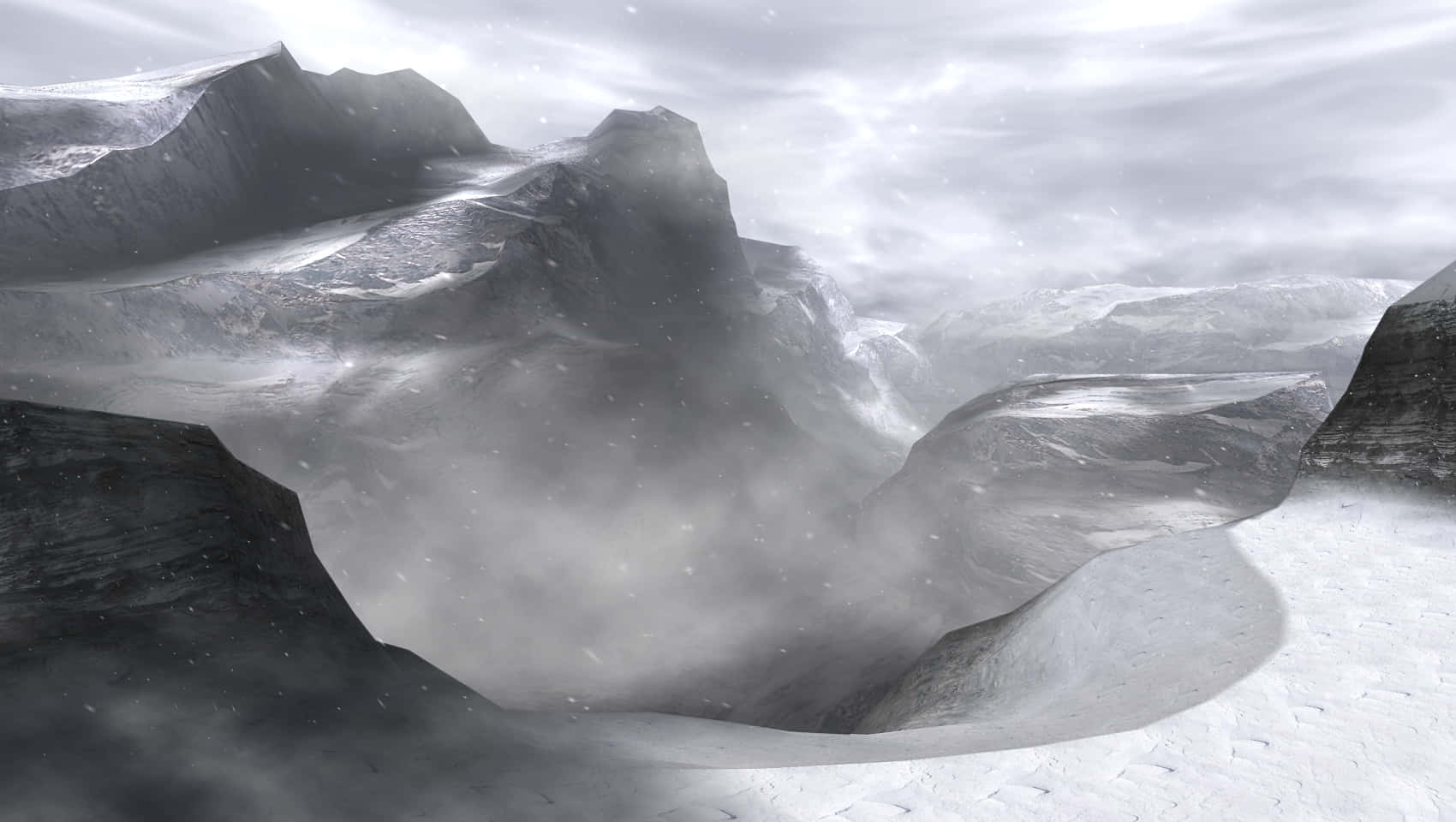 Snowy Mountain 桌布 壁紙 — 在陰雲密布的天空下，一個戲劇性的積雪山谷，霧氣在鋸齒狀的山峰間旋轉。