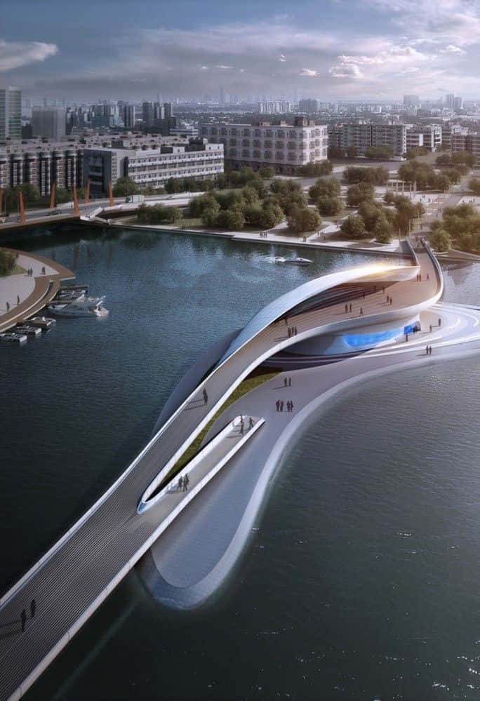 bridge 桌布 壁紙 — 在陰雲密布的天空下，一座帶有發光藍色點綴的未來主義曲線橋樑橫跨河流，位於現代城市景觀中。
