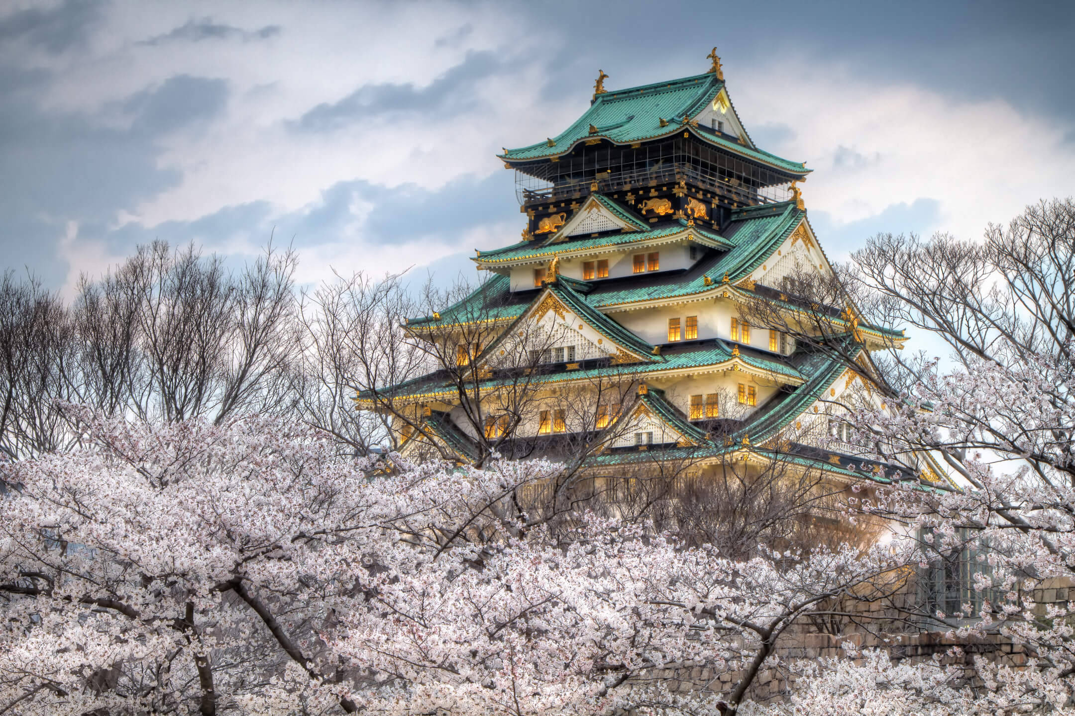 圖片 桌布 壁紙 — 在陰雲密布的天空下，一座雄偉的日本城堡閃爍著窗戶的光芒，矗立在盛開的櫻花瀑布之後。