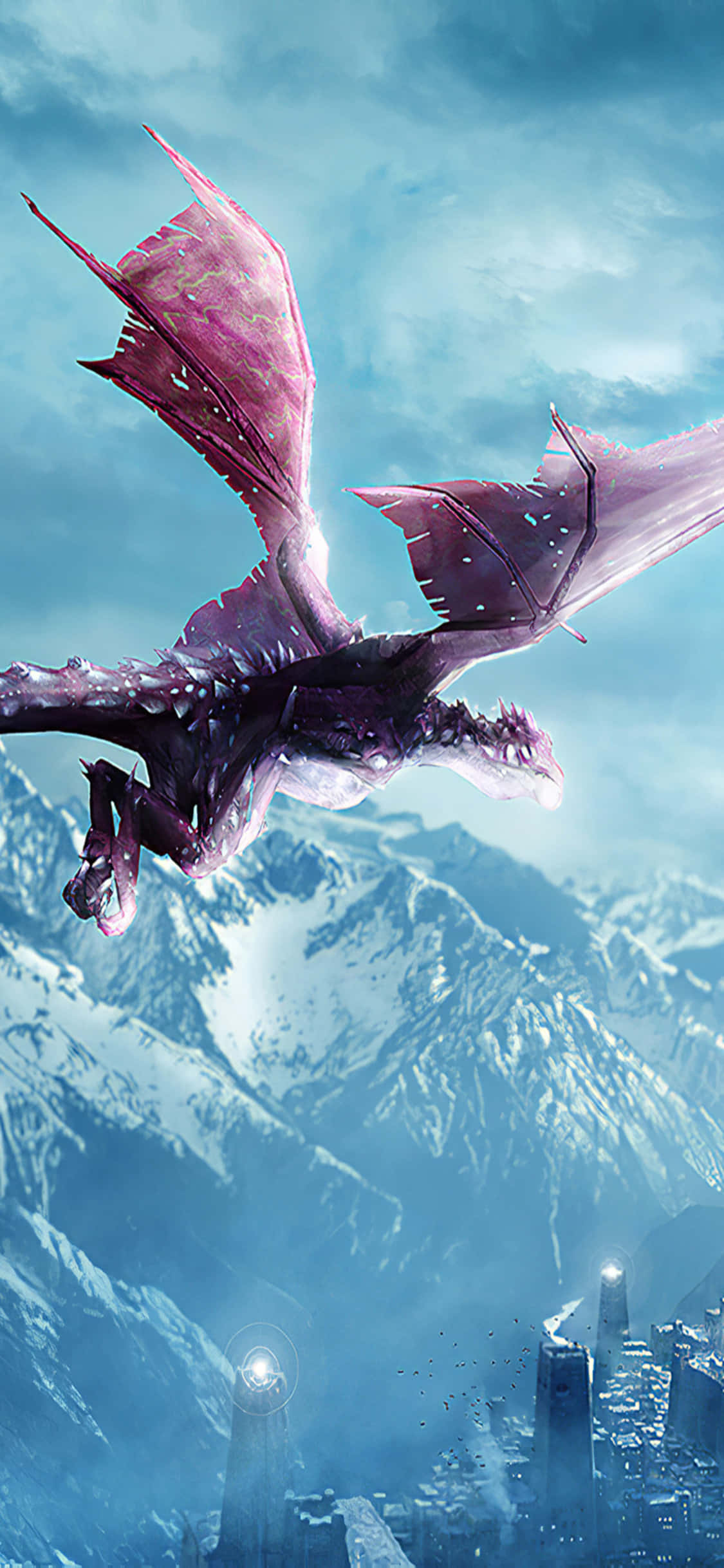 iPhone Xs Dragon Age Inquisition 桌布 壁紙 — 在陰雲密布的天空下，一條雄偉的紫色巨龍翱翔於積雪覆蓋的山脈和一座閃耀的未來城市之上。