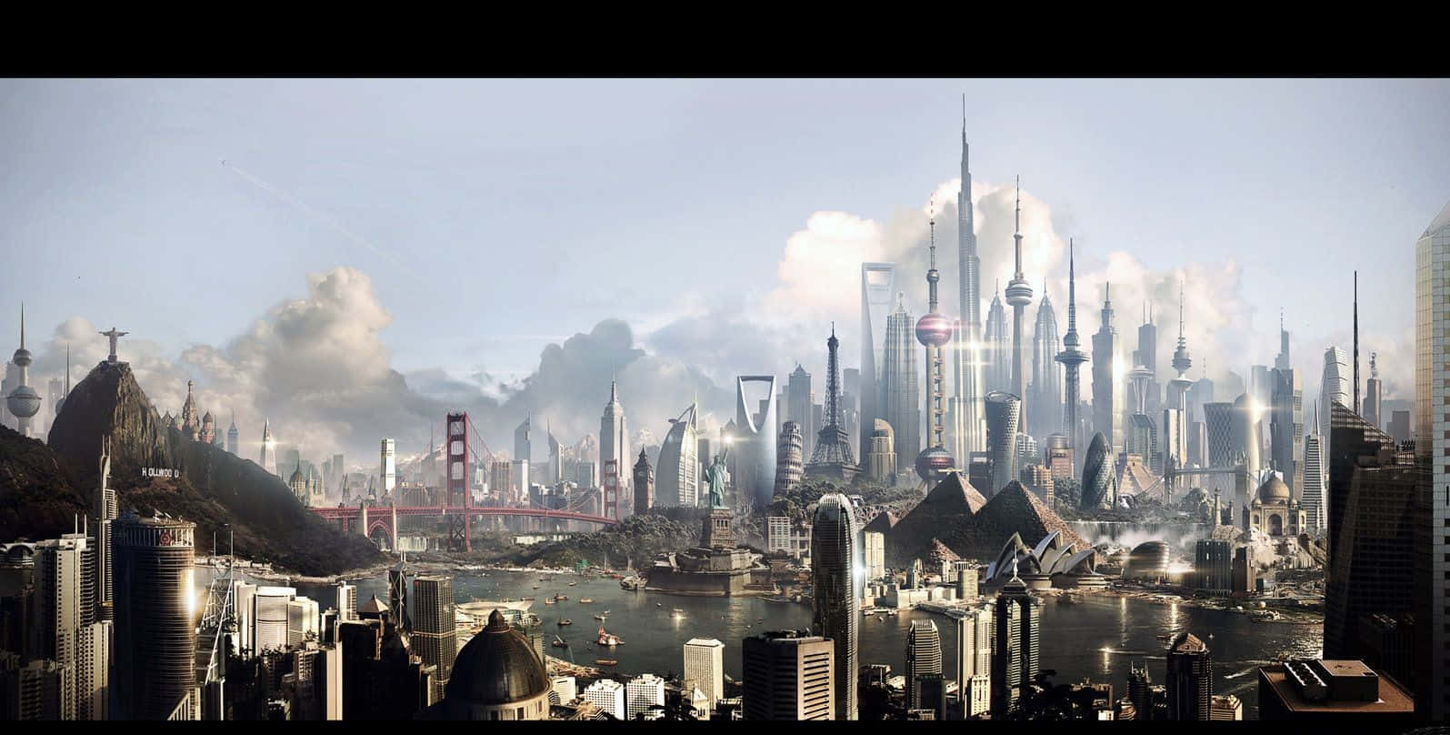 Best Civilization V 桌布 壁紙 — 在陰雲密布的天空下，融合金門大橋和上海中心大廈等標誌性全球地標的超現實數位城市景觀。