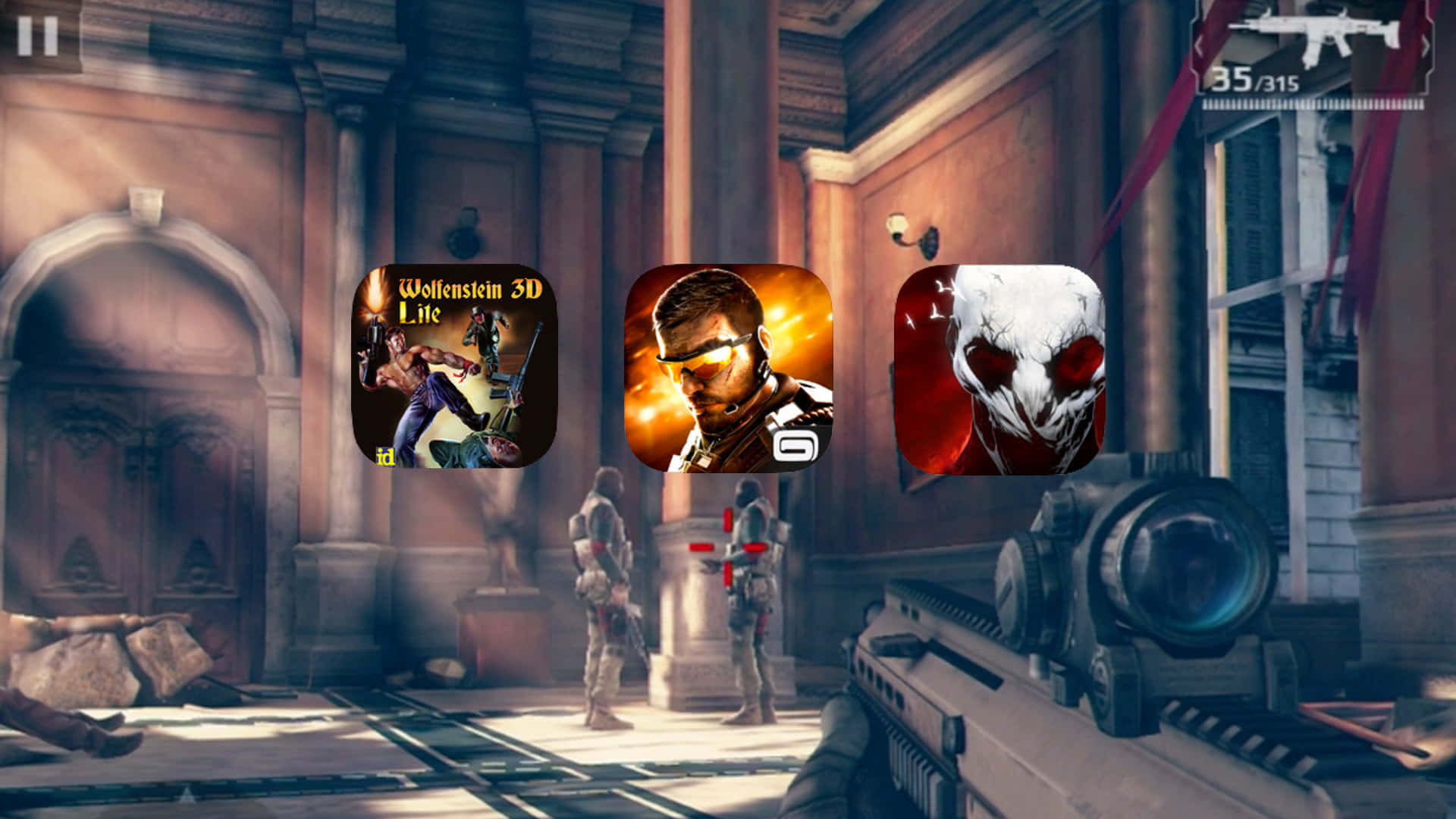 First-person Shooter Games 桌布 壁紙 — 在陽光明媚的大廳中進行第一人稱射擊遊戲，三個遊戲圖示漂浮在敵軍士兵上方。
