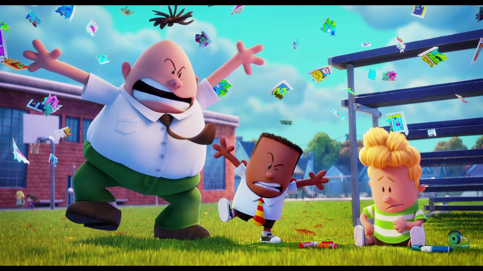Animated 桌布 壁紙 — 在陽光明媚的校園裡，卡通校長開心地將文件拋向空中，兩名學生則表現出沮喪。