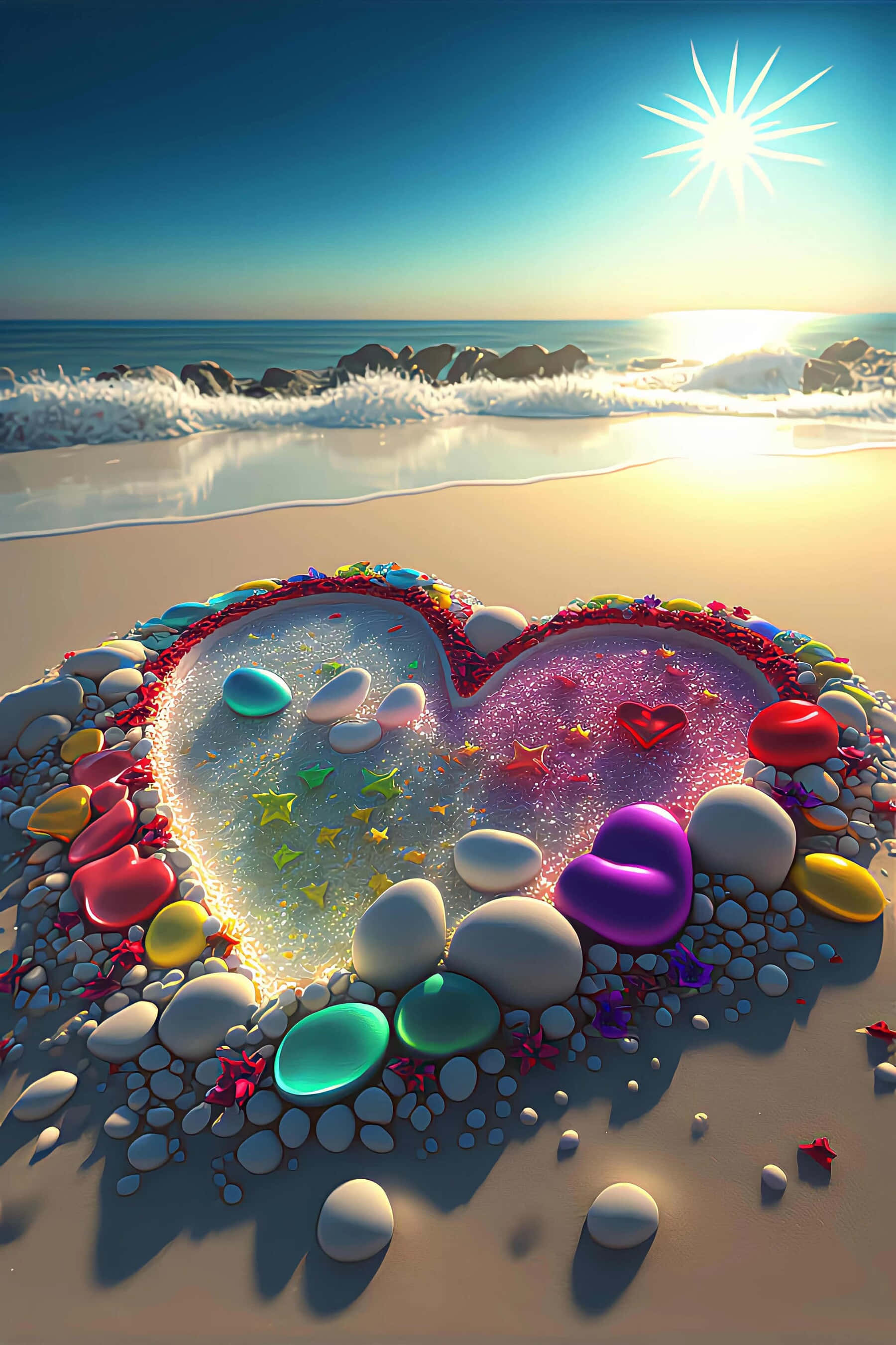 Beach Love 桌布 壁紙 — 在陽光明媚的海灘上，由彩色石頭和閃粉組成的發光心形排列，伴隨著海浪和明亮的星爆太陽。