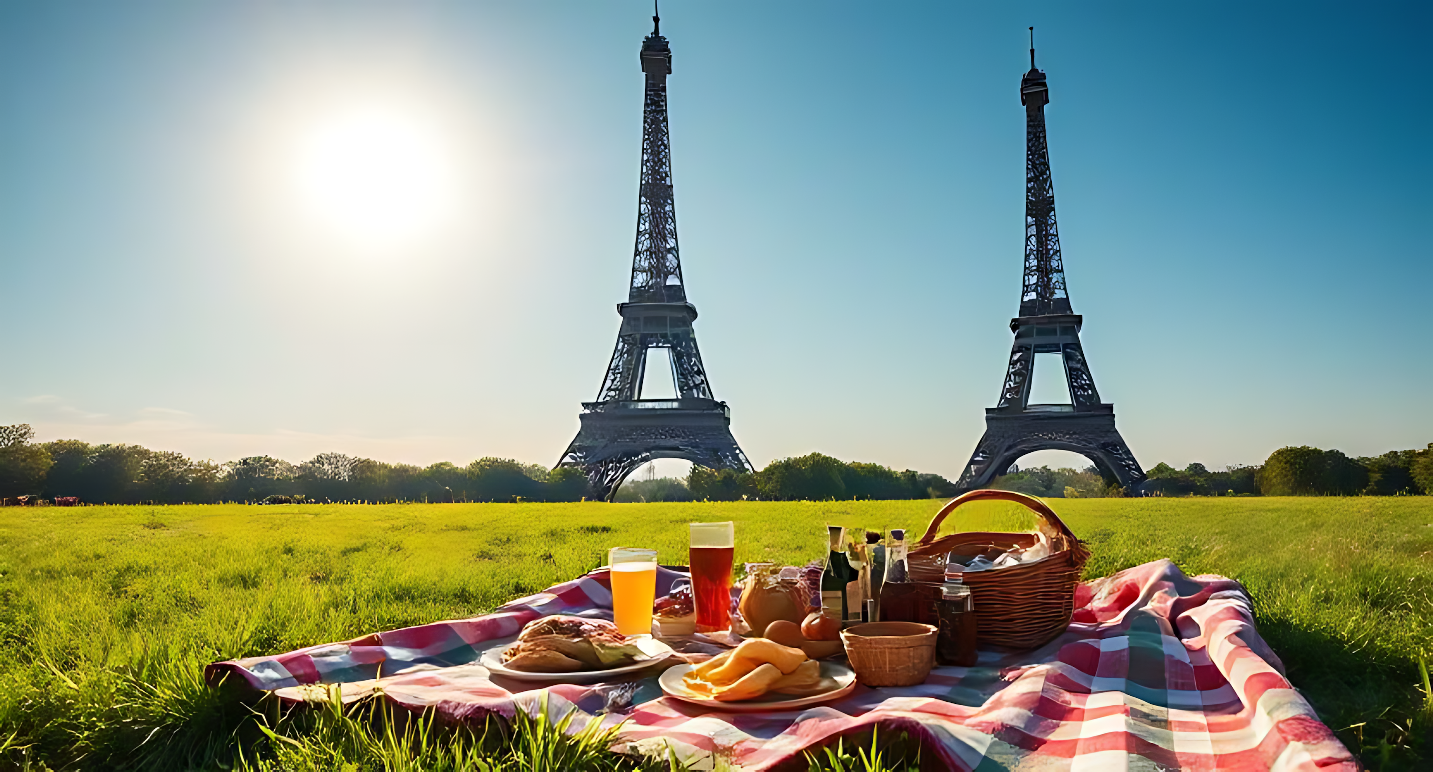 Eiffel Tower 桌布 壁紙 — 在陽光普照的草地上，一張紅色格子毯上擺放著充滿活力的野餐，背景有兩座高聳的艾菲爾鐵塔。