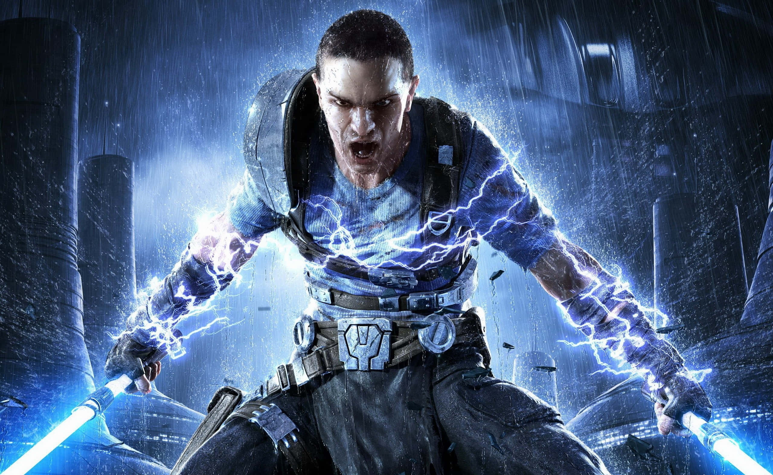 Star Wars Games 桌布 壁紙 — 在雨中的未來城市景觀中，一名戰士咆哮著，藍色閃電在他身上劈啪作響。