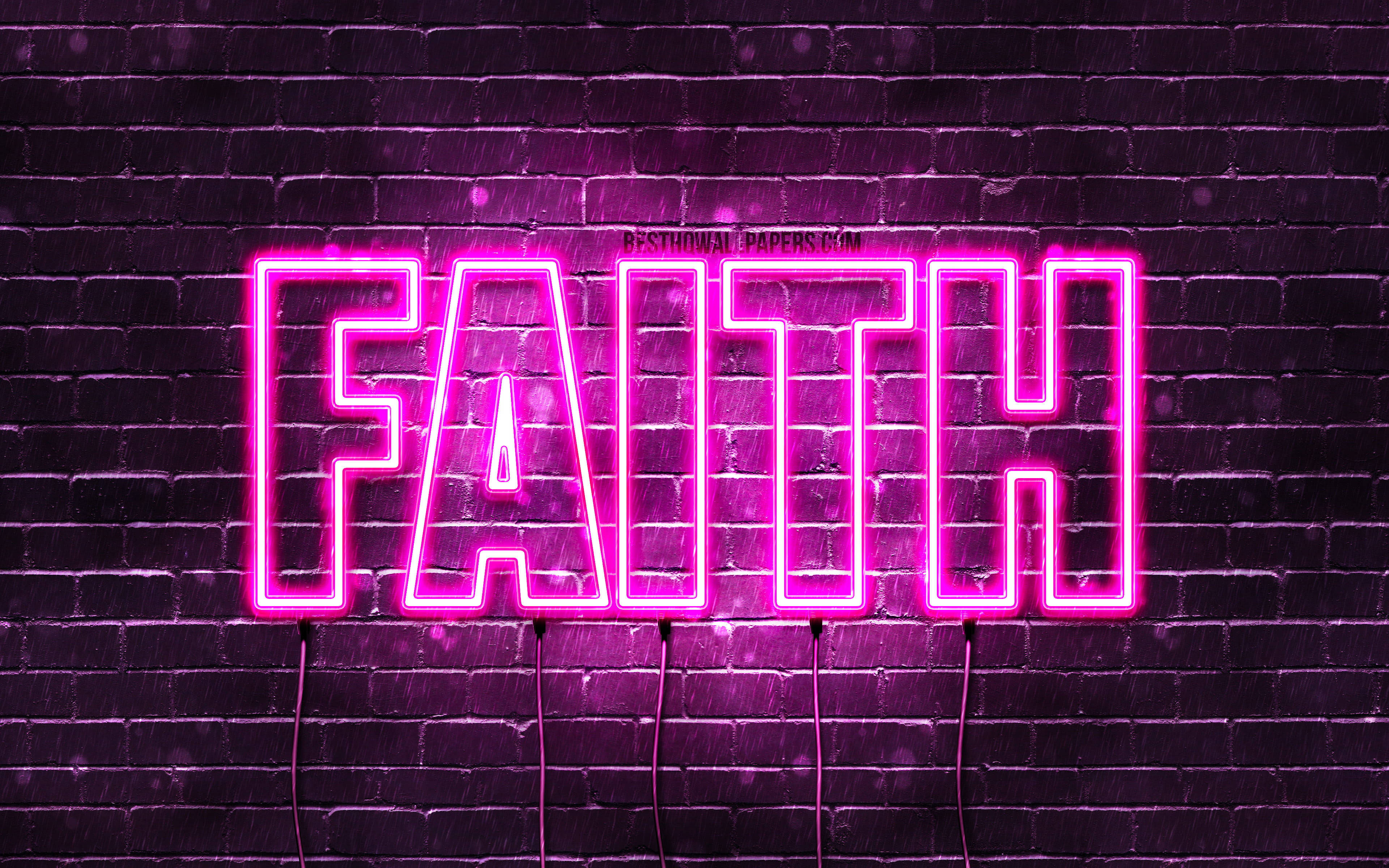 lights 桌布 壁紙 — 在雨夜條件下，一個鮮豔的粉紅色霓虹燈牌拼寫著 FAITH，在黑暗潮濕的磚牆上發光。