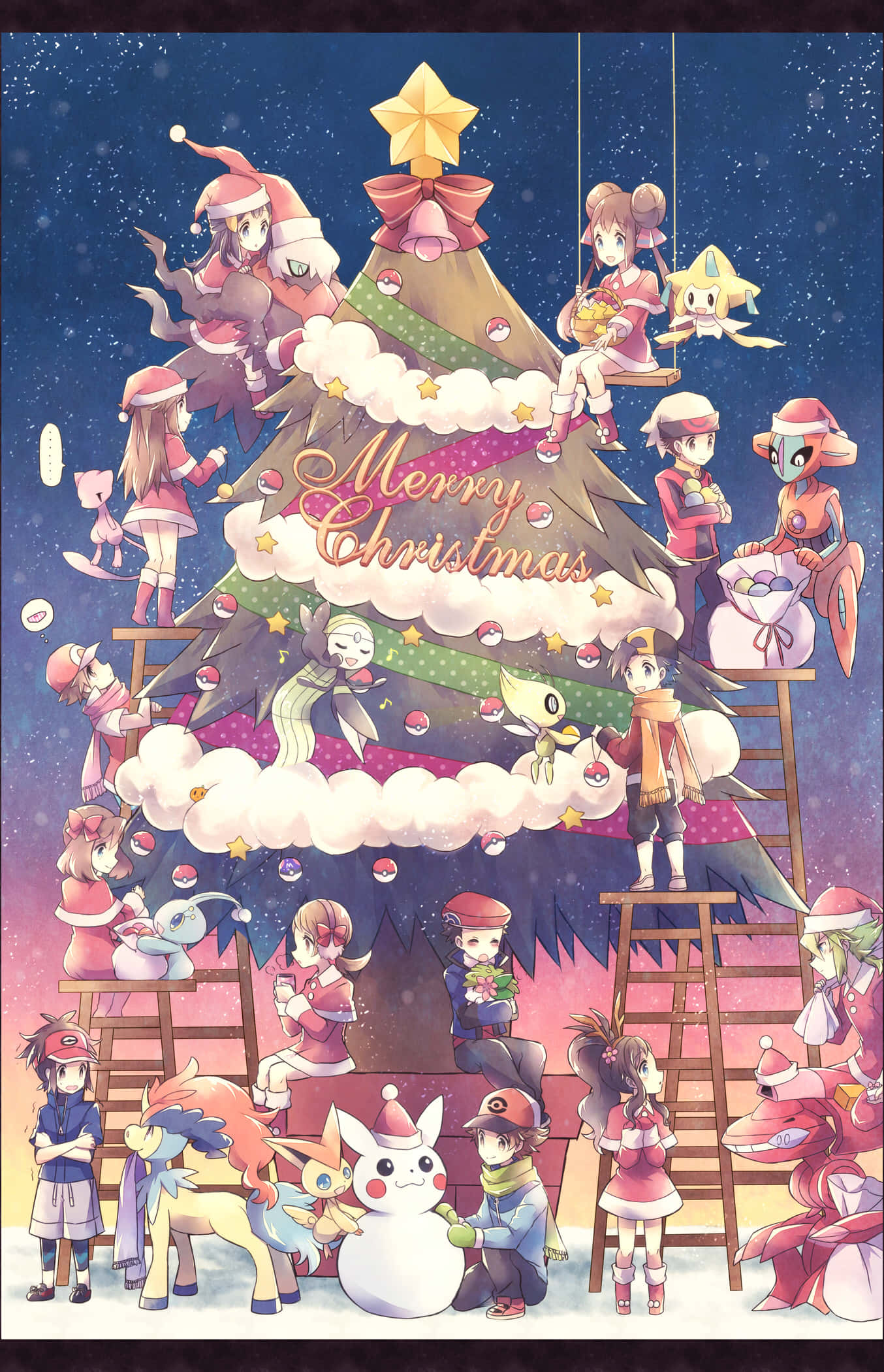 聖誕樹動畫 桌布 壁紙 — 在雪地星空下，穿著節日冬季服裝的寶可夢角色裝飾著一棵巨大的聖誕樹。