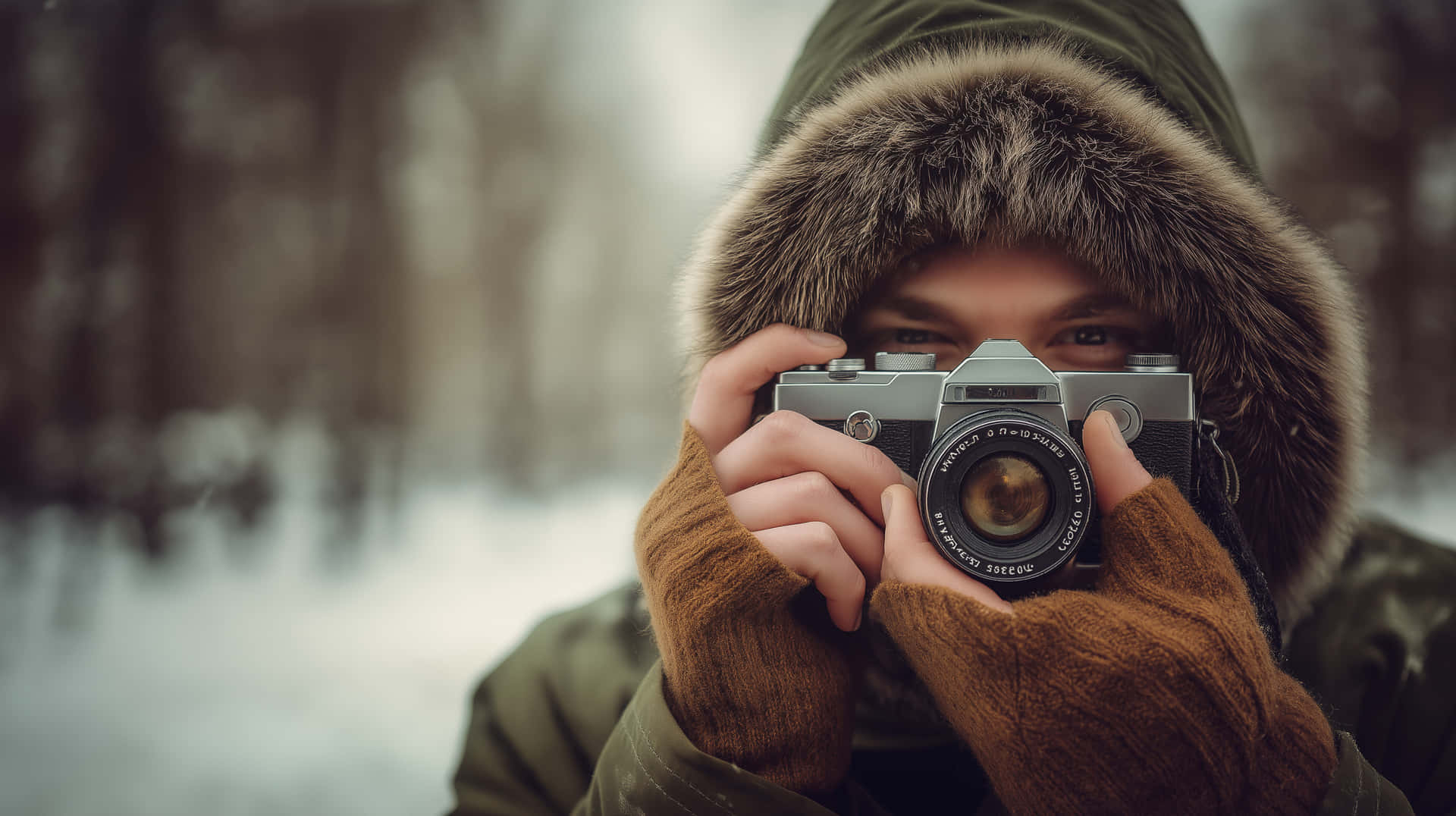 Photographer in Fur Hood with Vintage Camera Winter Scene 壁紙 — 在雪地森林中，一個穿著毛裡連帽外套的人將一台復古相機舉到面前。
