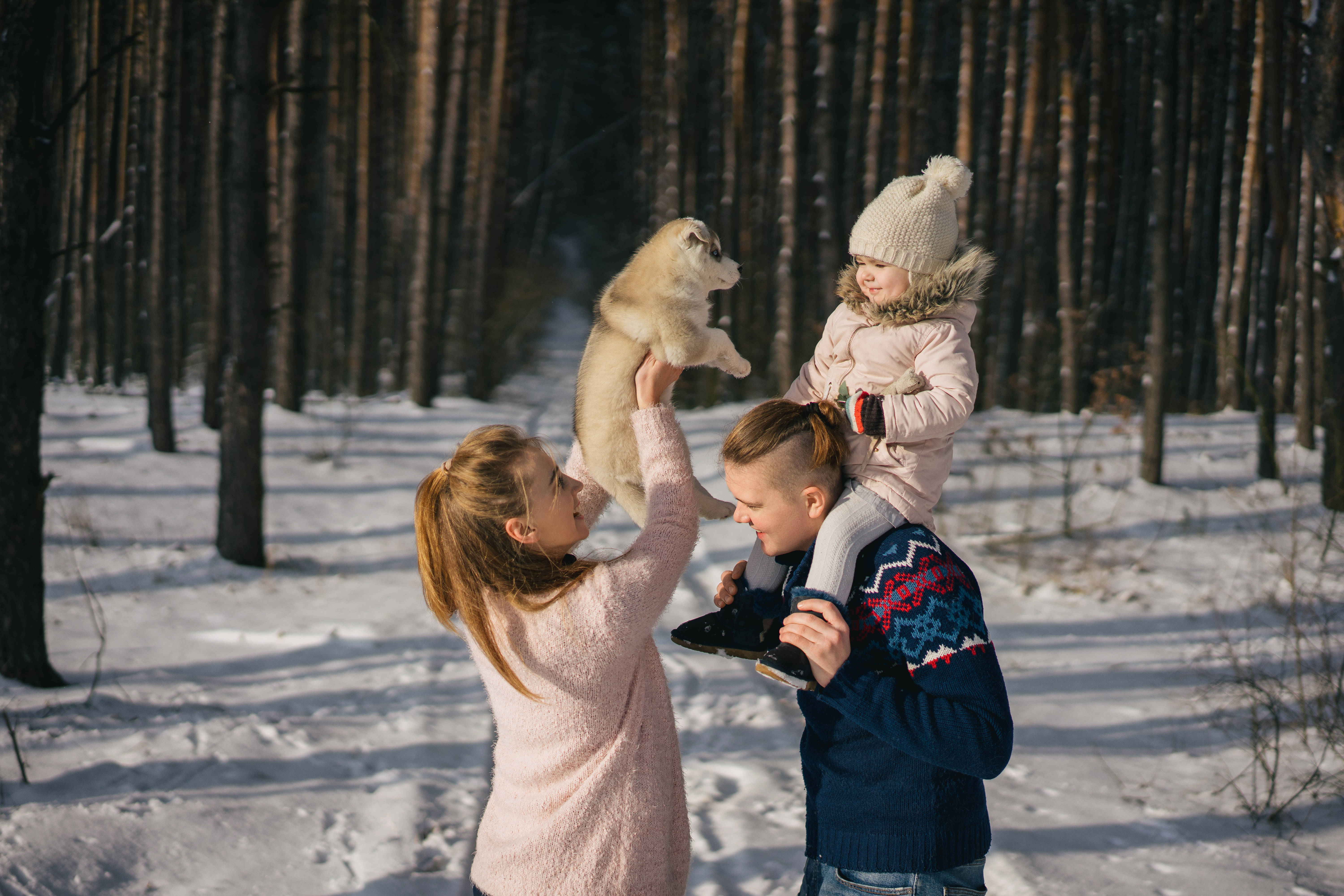 Family 桌布 壁紙 — 在雪地森林中，母親抱著哈士奇幼犬，父親背著孩子，一個歡樂的冬季家庭時刻。