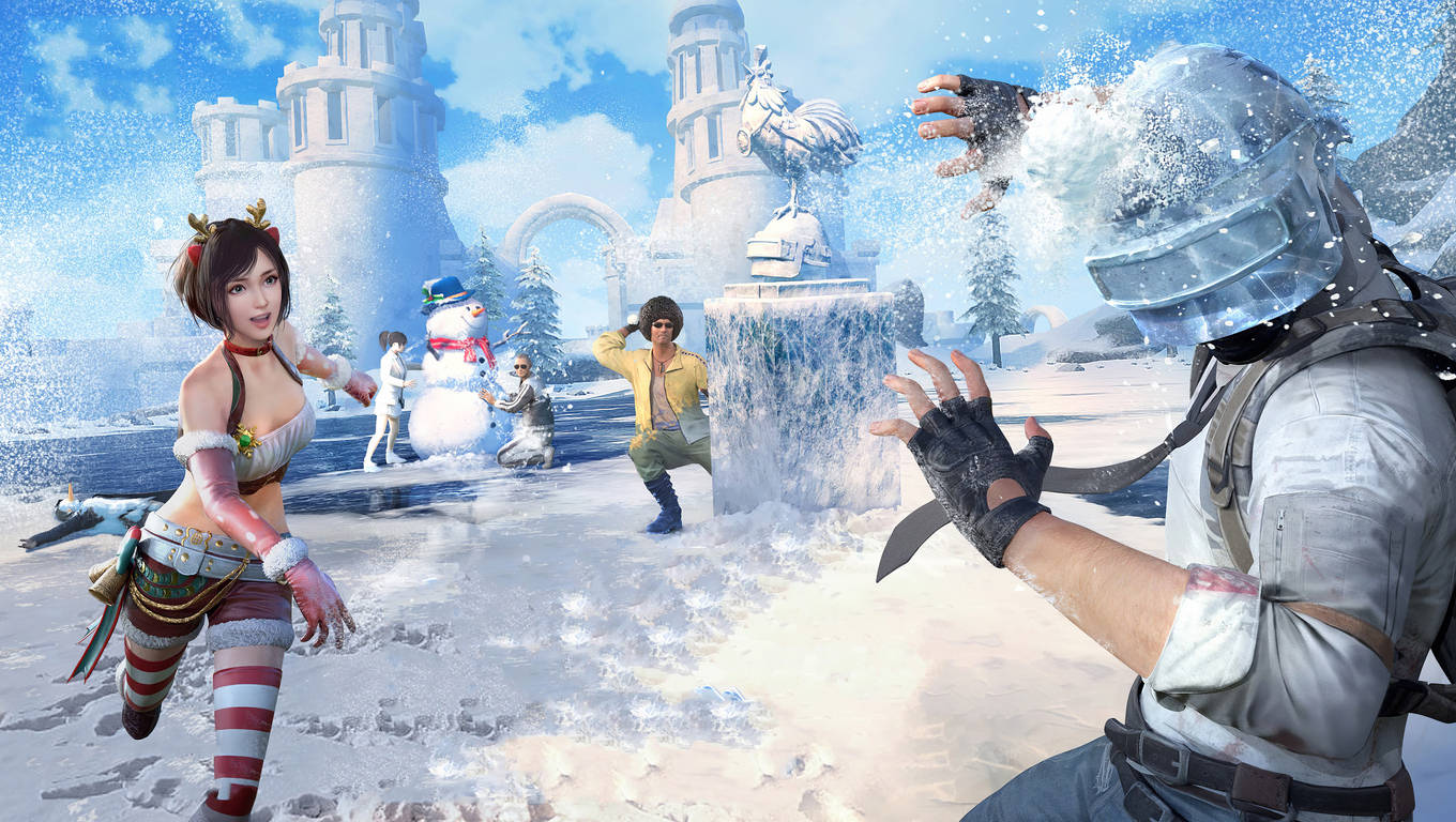 Digital 桌布 壁紙 — 在雪地遊戲場景中，角色們在冰凍城堡附近堆雪人並施放冰系法術。