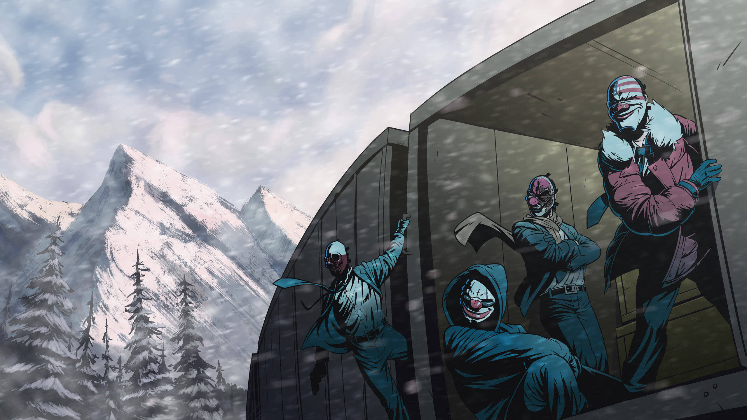 火車 桌布 壁紙 — 在雪山火車車廂中，戴著小丑面具的人物，背景有飄雪和松樹。