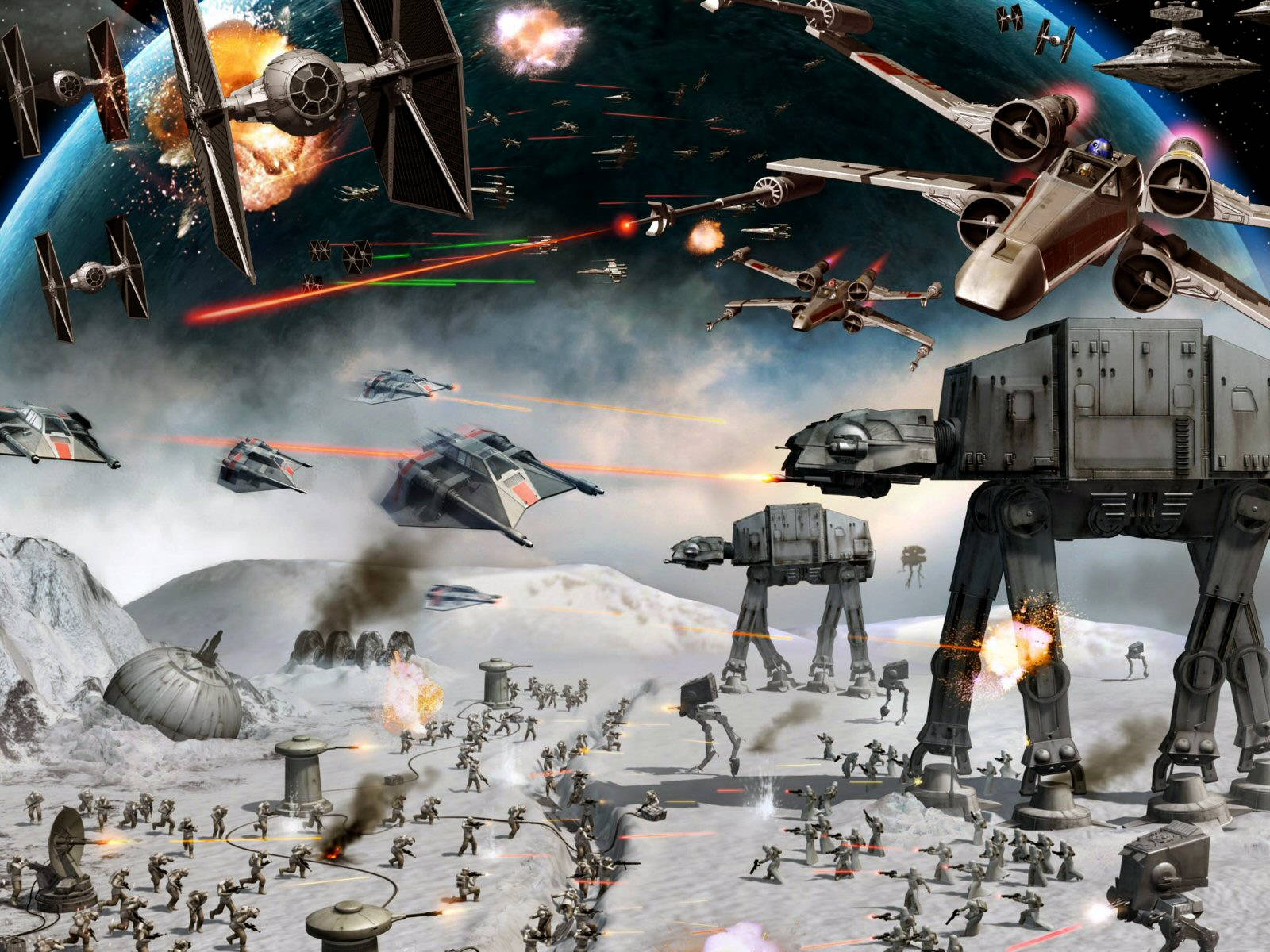 Star Wars Landscape 桌布 壁紙 — 在雪星球上空激烈的太空戰鬥，AT-AT步行機和星際戰機互相發射雷射。