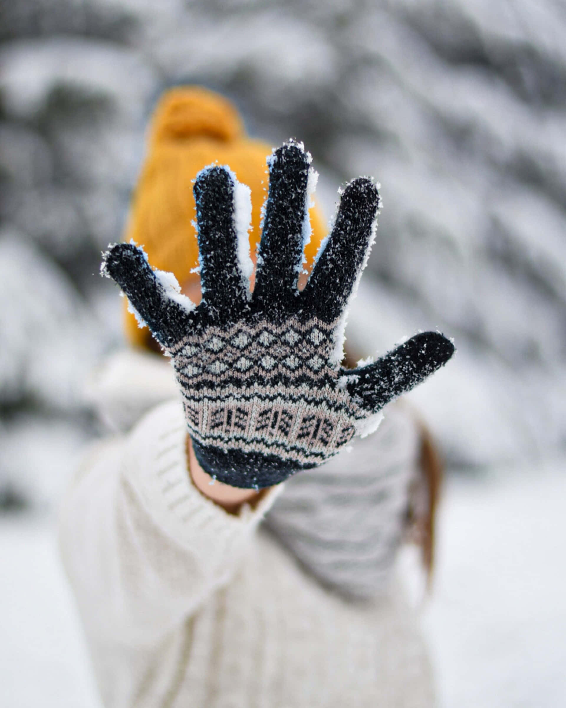 Mittens 桌布 壁紙 — 在雪白的冬日場景中，一個人戴著黃色毛帽和奶油色毛衣，向鏡頭伸出一隻沾滿雪花的針織手套。