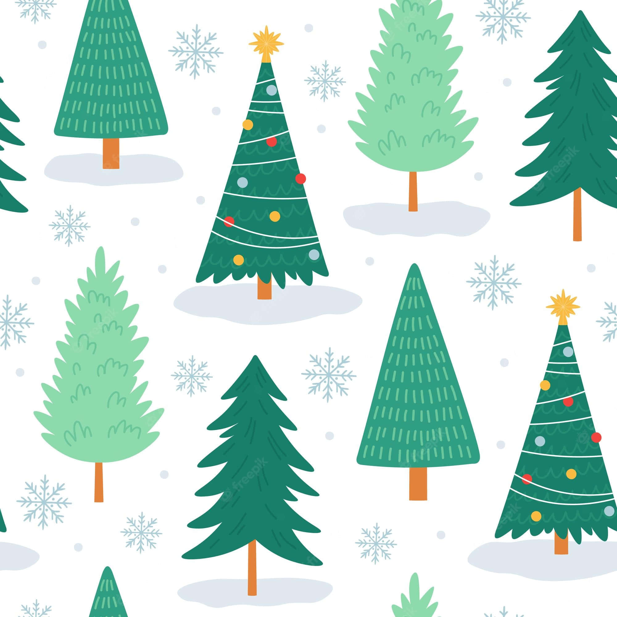 Cute Christmas Tree 桌布 壁紙 — 在雪白背景上，帶有裝飾品和雪花的風格化綠色聖誕樹的節日圖案。