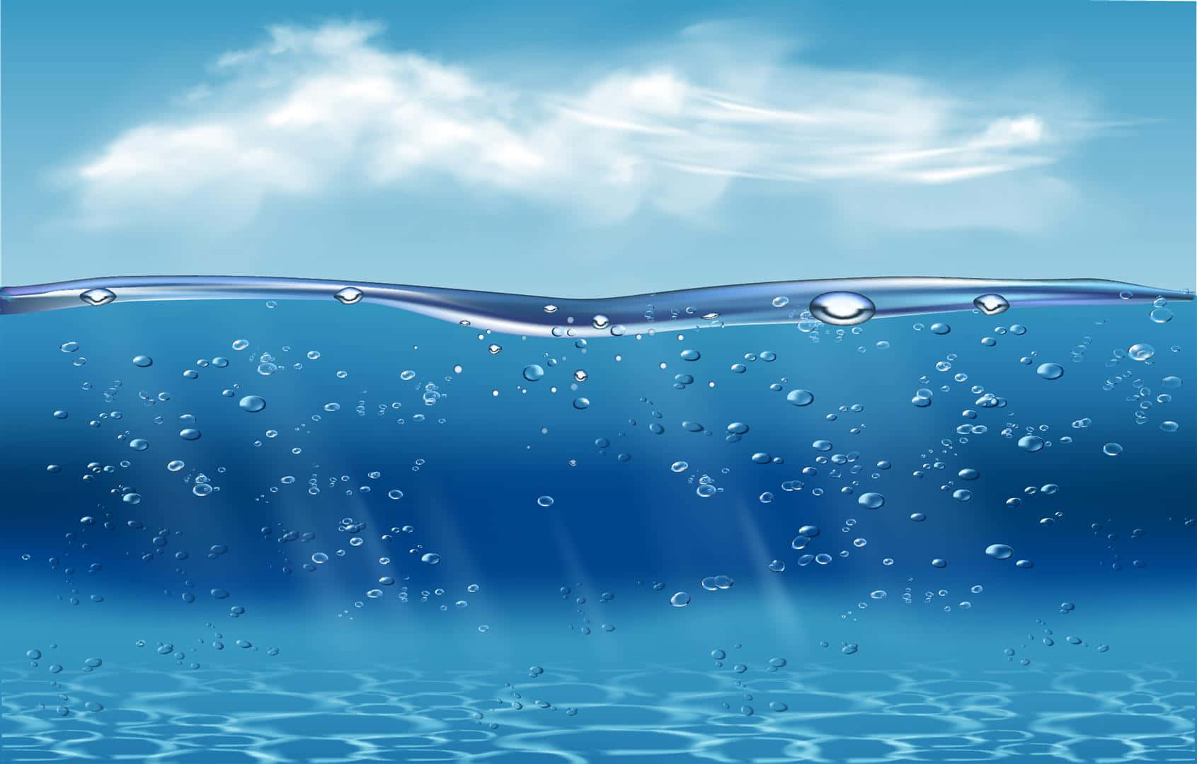 3d Ocean 桌布 壁紙 — 在雲天之下，清澈藍水的寧靜分割視圖，陽光穿透水面，氣泡上升。