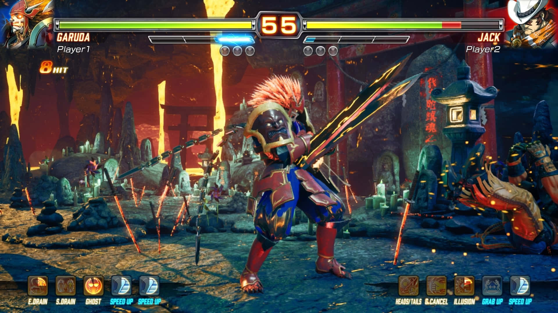 Fighting Games 桌布 壁紙 — 在電子遊戲比賽中，一個火熱的惡魔戰士，有著尖刺的紅髮，在黑暗的神殿戰場上揮舞著發光的劍。