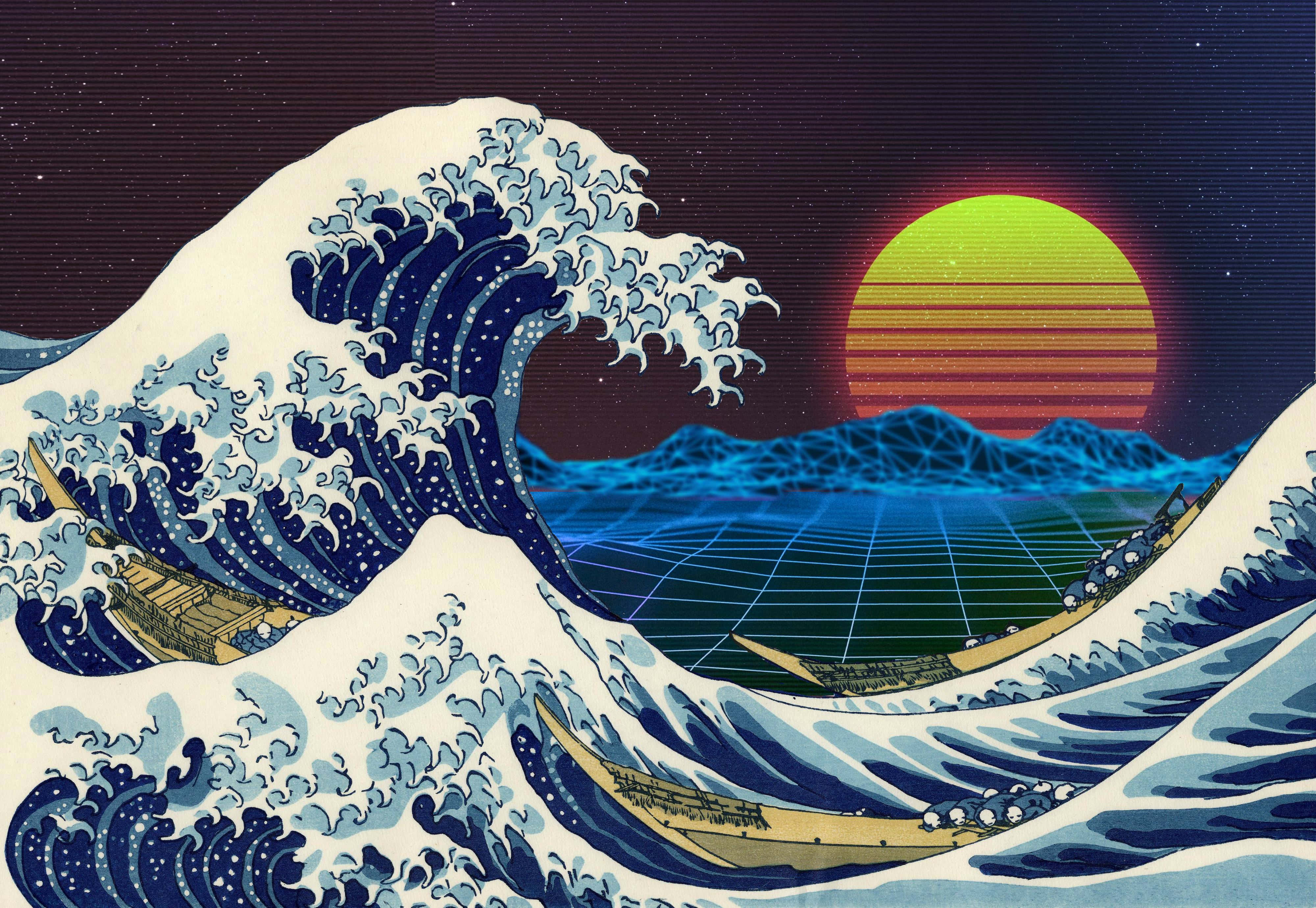 Painting 桌布 壁紙 — 在霓虹日落天空下，復古未來主義的波浪與網格景觀融為一體。