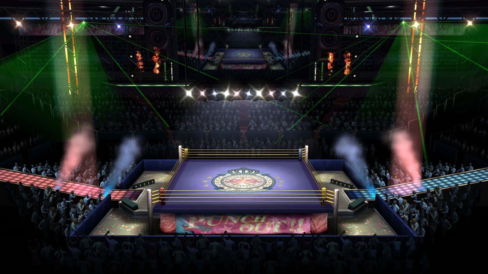 Boxing Ring 桌布 壁紙 — 在霓虹燈和雷射光束下，一個充滿活力的拳擊擂台，周圍是歡呼的人群，場館座無虛席。