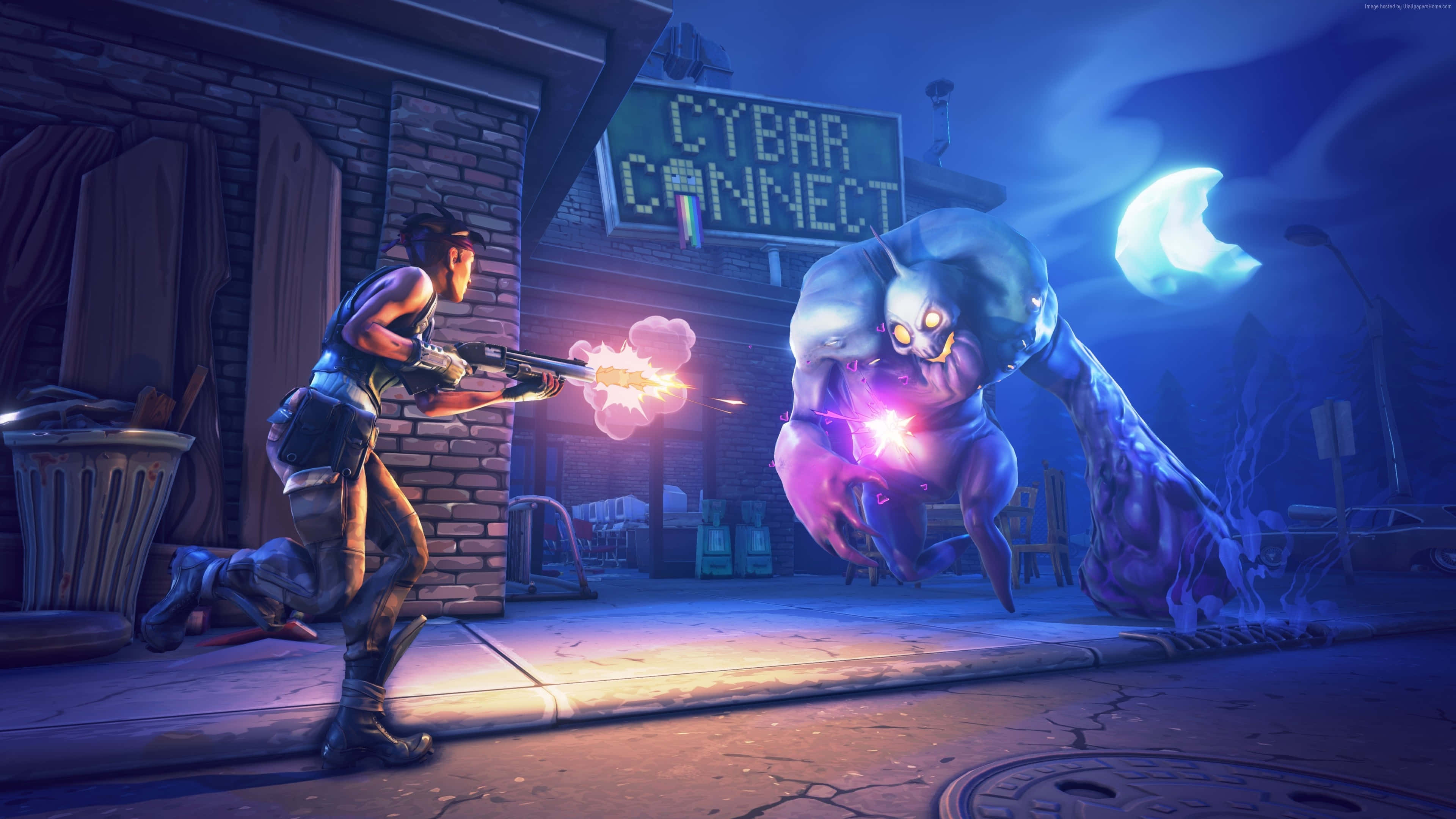 Fortnite 桌布 壁紙 — 在霓虹燈照亮的小巷中，新月之下，一名孤獨的戰士用發光武器射向一隻巨大的發光外星生物。