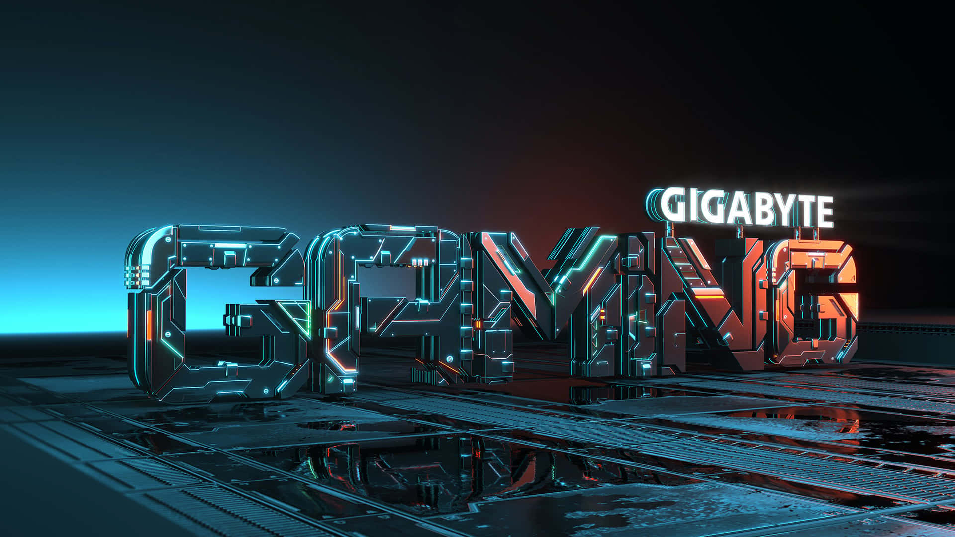 1920 X 1080 HD Gaming 桌布 壁紙 — 在霓虹藍和橙色燈光下，反光金屬表面上帶有發光電路字母的遊戲標誌。