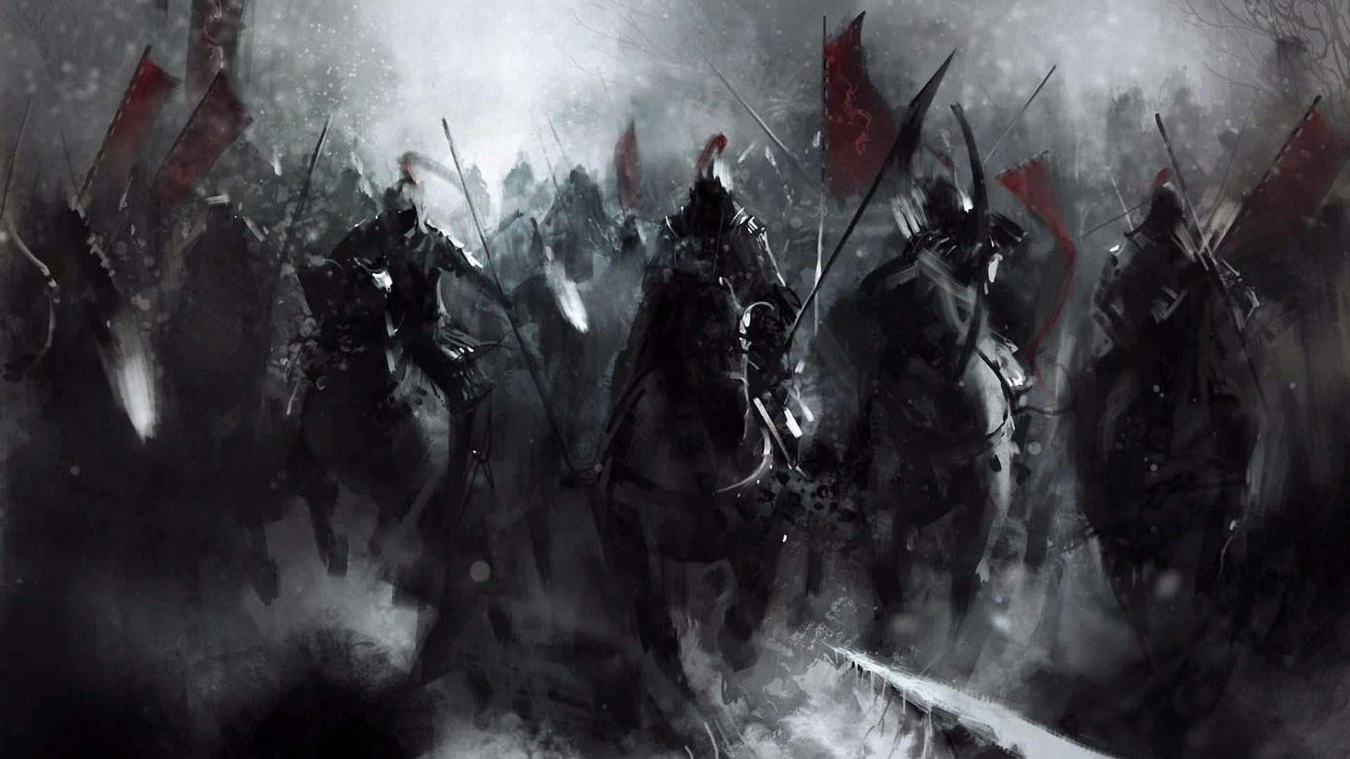 武士動畫 桌布 壁紙 — 在霧氣瀰漫的戰場上，身穿盔甲的騎士騎著馬，揮舞長矛和紅色旗幟，進行黑暗而風暴般的騎兵衝鋒。
