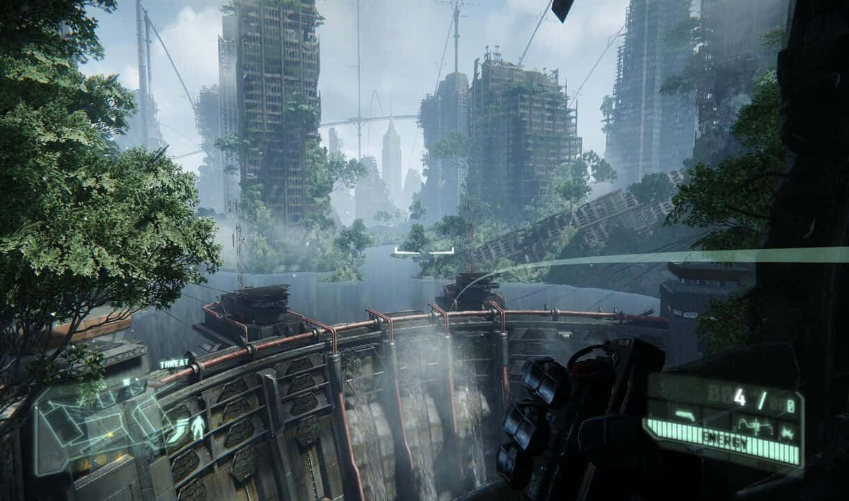 720p Crysis 3 桌布 壁紙 — 在霧氣瀰漫的未來城市中，自然覆蓋廢棄摩天大樓和破損基礎設施的第一人稱視角。
