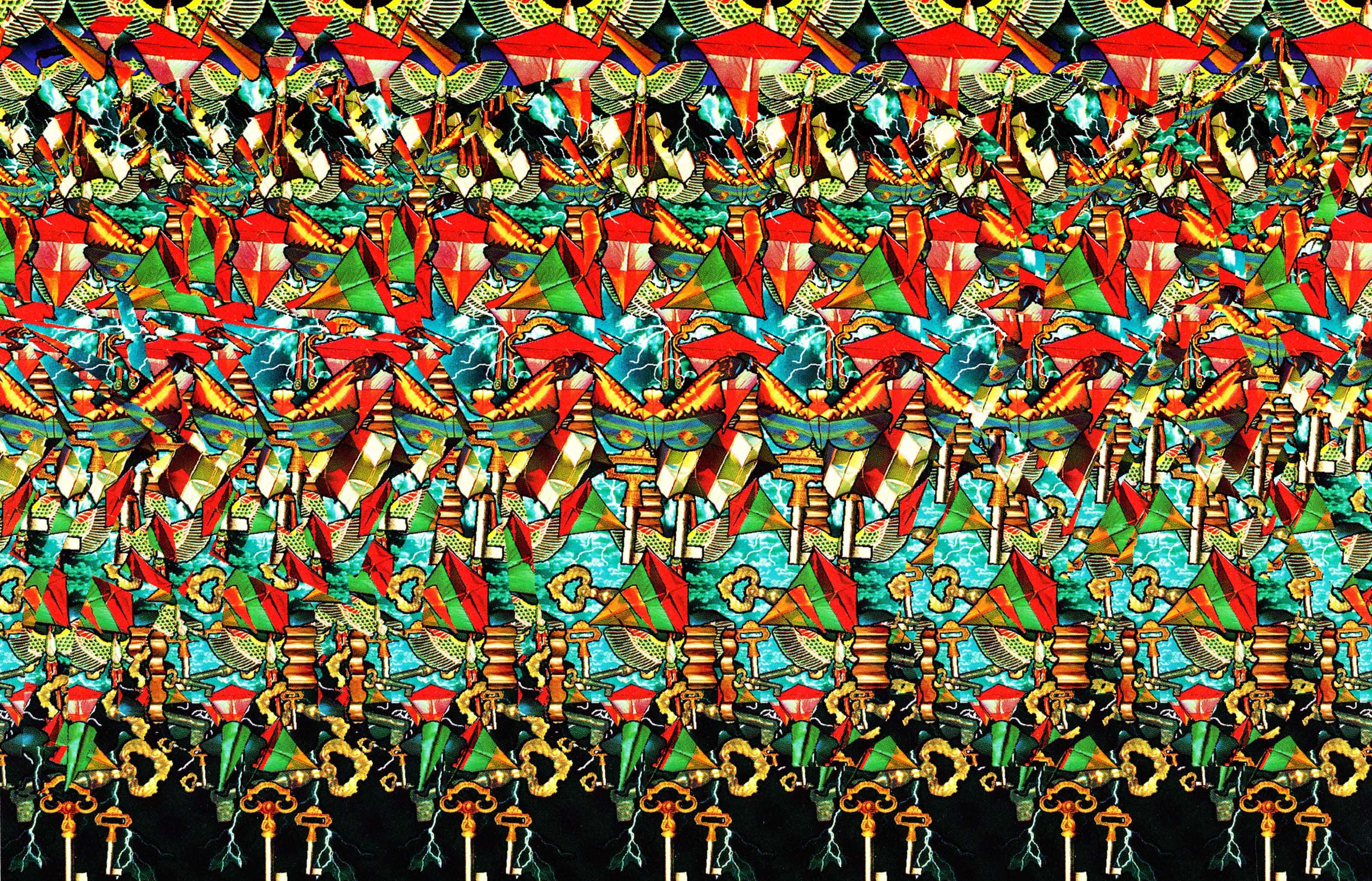 Magic Eye 桌布 壁紙 — 在青綠色和黑色背景上，紅色、綠色和金色的風格化風箏和燈籠的鮮豔重複圖案。