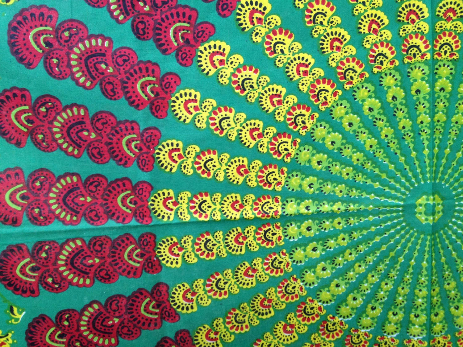 波希米亞風 桌布 壁紙 — 在青綠色布料上，紅、黃、綠色的佩斯利圖案從中心向外輻射的鮮豔放射狀圖案。
