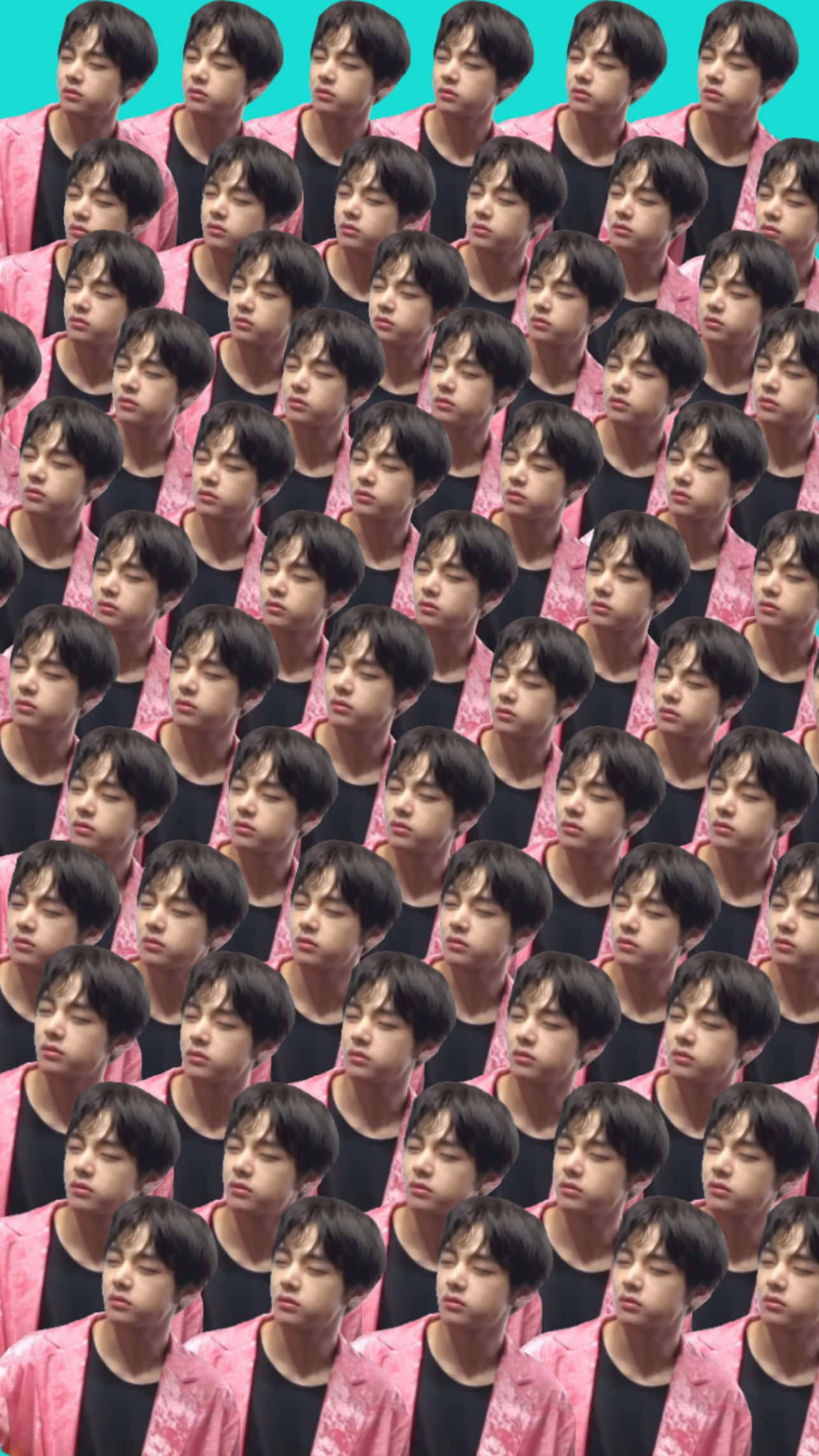 BTS 桌布 壁紙 — 在青綠色背景上，一群穿著粉紅色外套的相同年輕男子形成一個重複且視覺上引人注目的圖案。