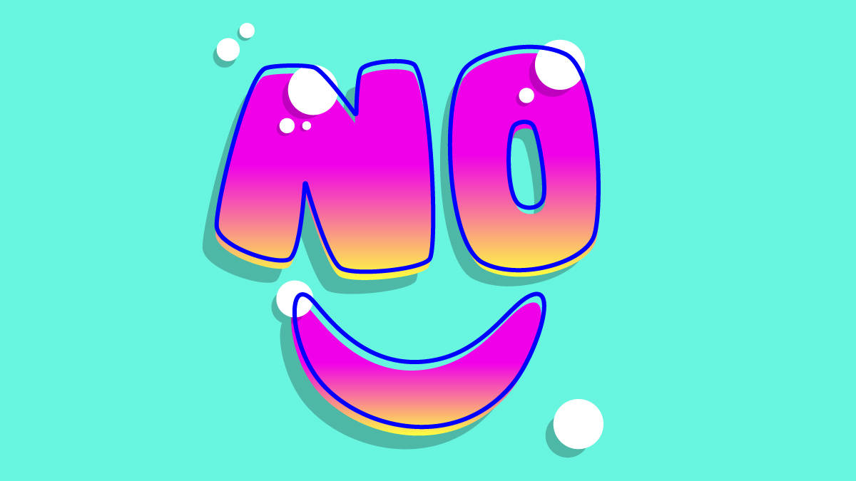 Cartoon 桌布 壁紙 — 在青綠色背景上，以粗體漸層字母拼出「NO」，附有微笑的嘴巴和漂浮的氣泡。