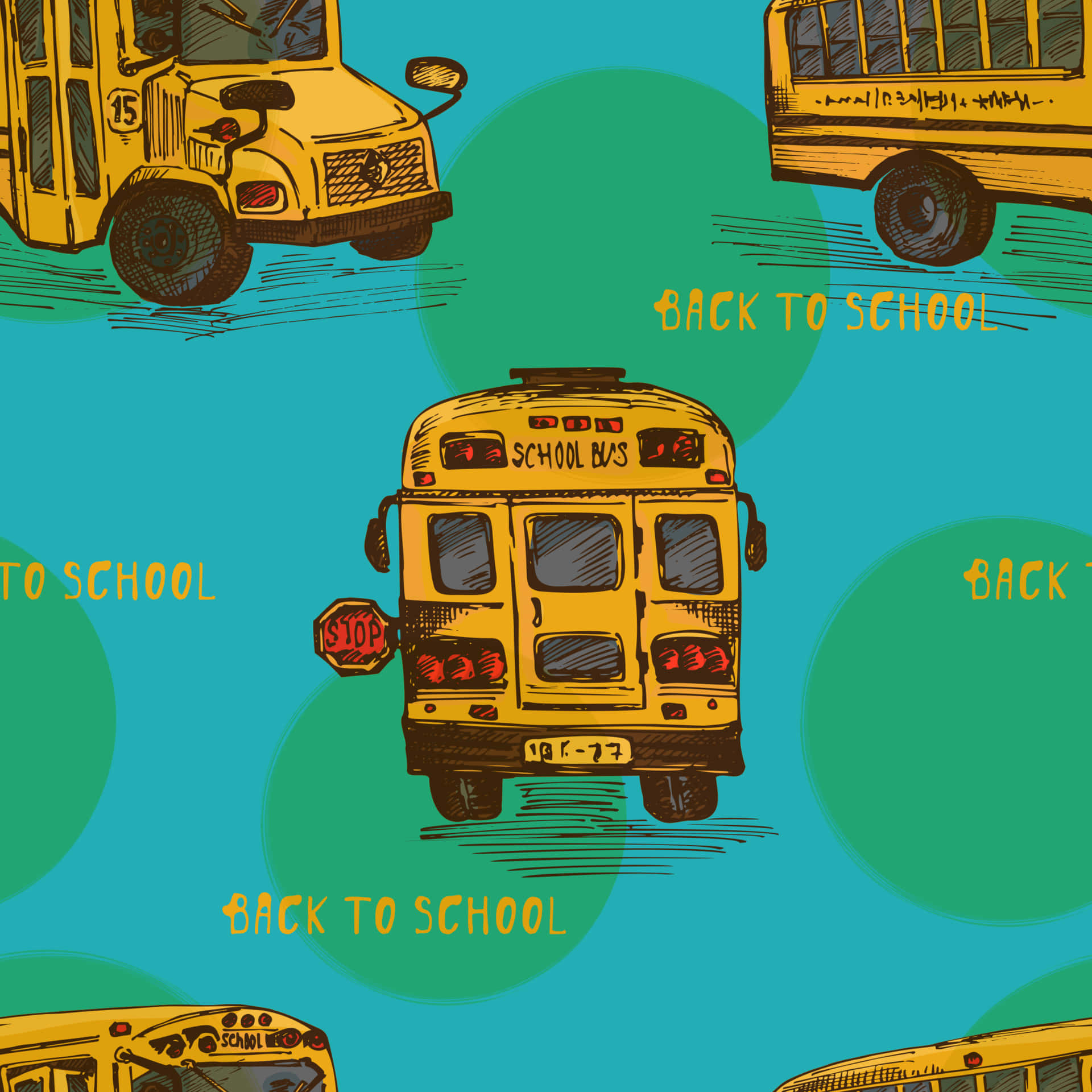 Yellow School Bus 桌布 壁紙 — 在青綠色背景上，帶有綠色圓圈和「back to school」文字的黃色校車在行駛中。