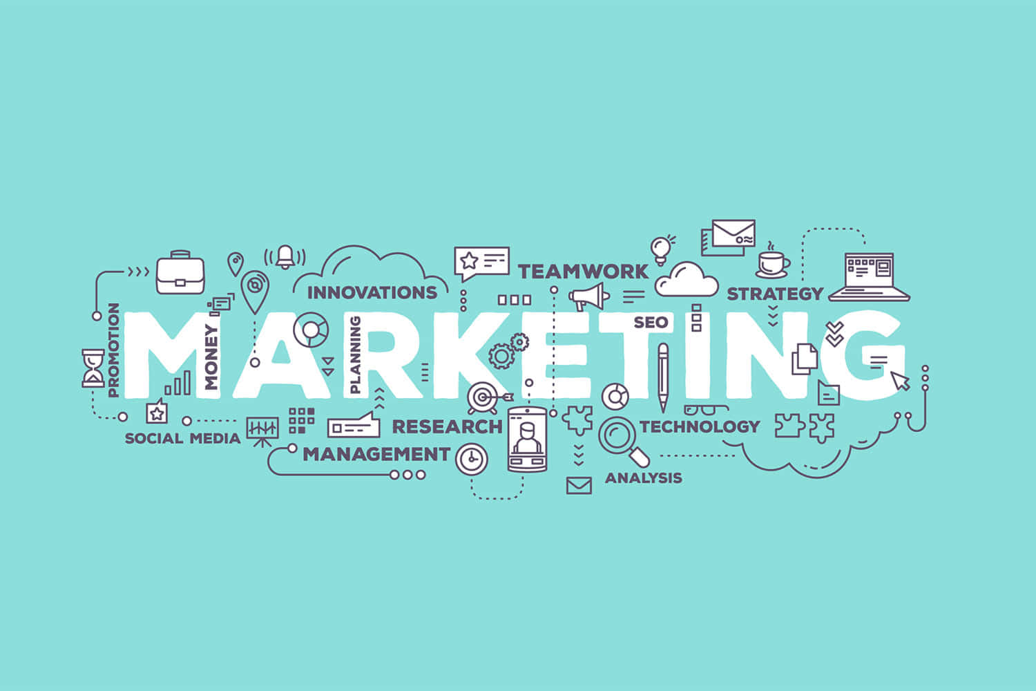 Internet 桌布 壁紙 — 在青綠色背景上，粗體白色「MARKETING」文字被策略、研究和社交媒體的極簡線條圖標包圍。