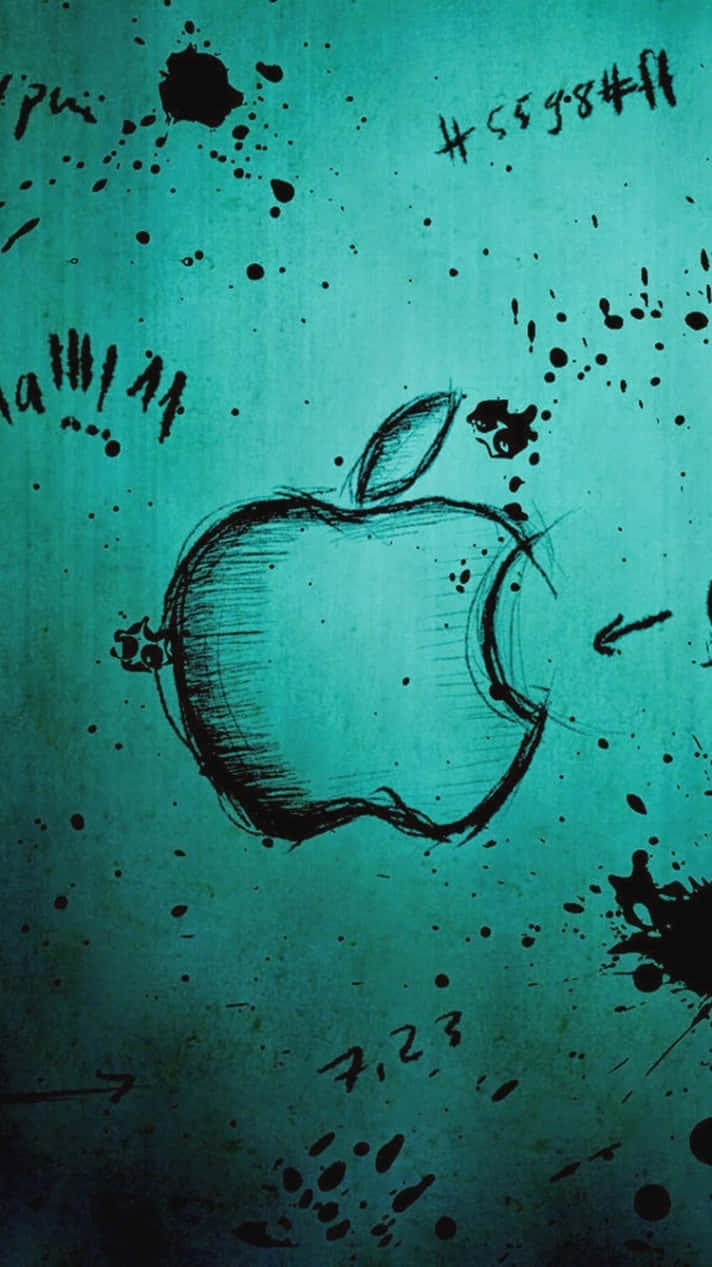 蘋果 桌布 壁紙 — 在青綠色背景上以黑色墨水手繪的Apple標誌，帶有飛濺和塗鴉般的痕跡。