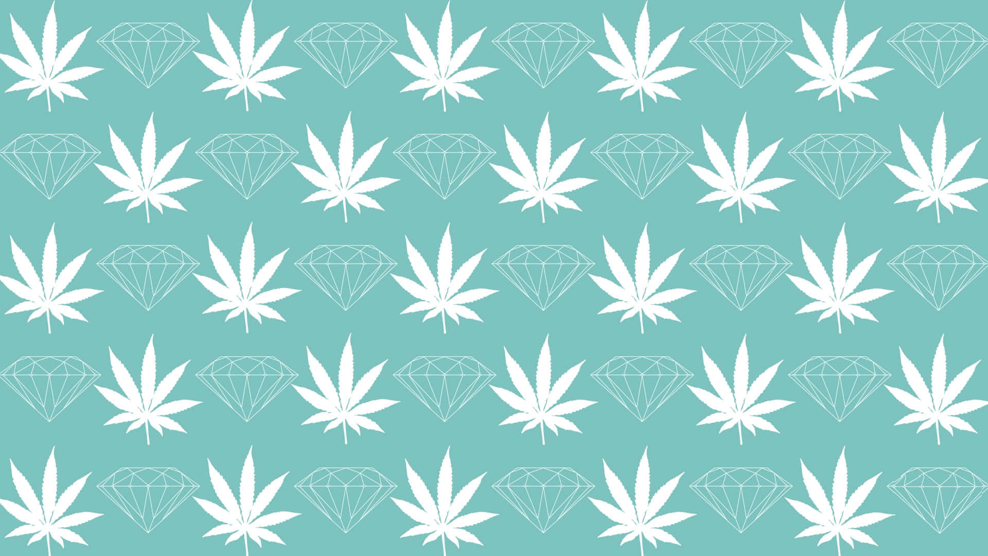 鑽石 桌布 壁紙 — 在青綠色背景上重複出現的白色大麻葉和帶輪廓的鑽石圖案。