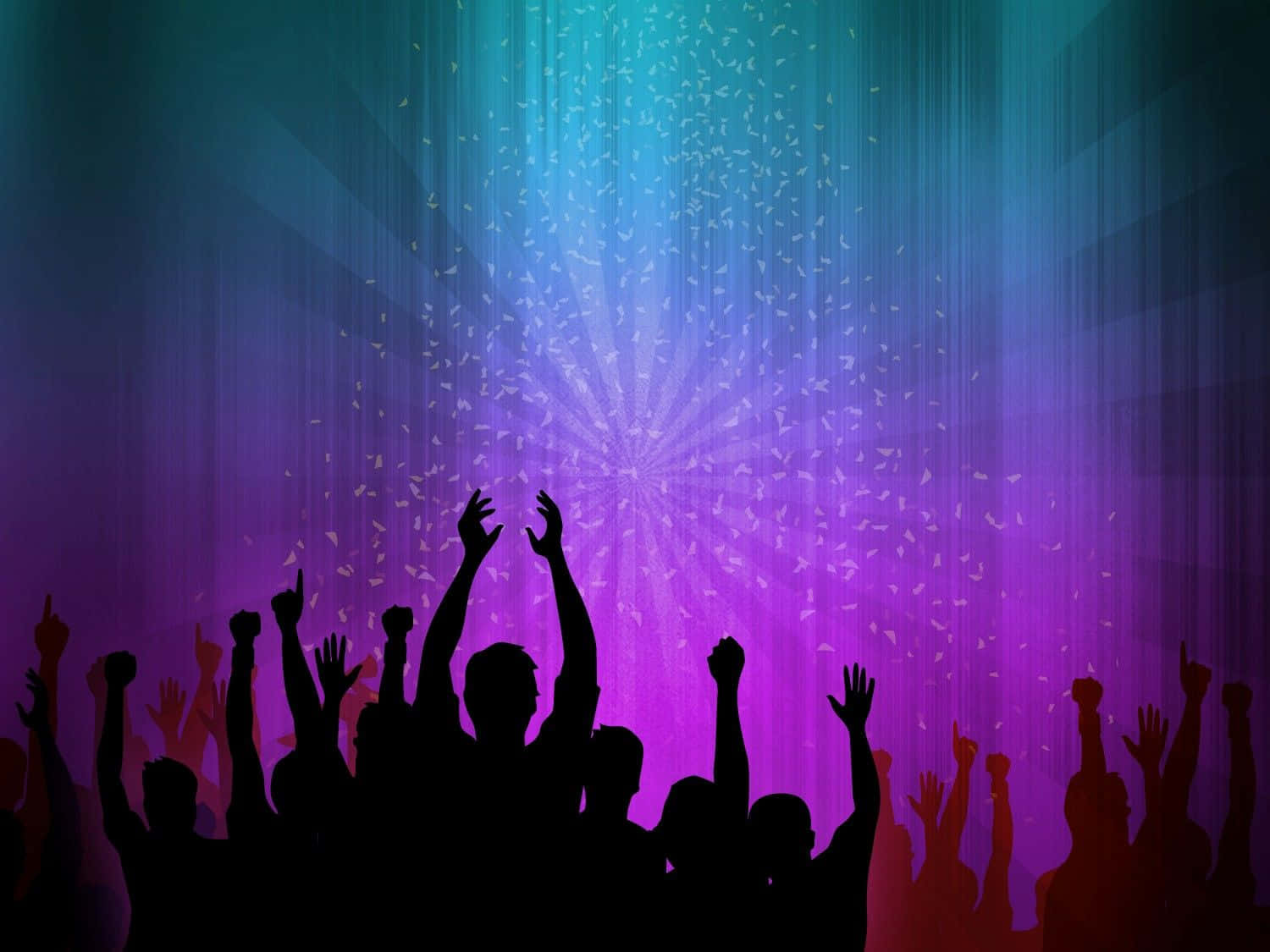 Worship 桌布 壁紙 — 在音樂會上，剪影人群在充滿活力的紫藍色光束和飄落的五彩紙屑下舉起雙手。
