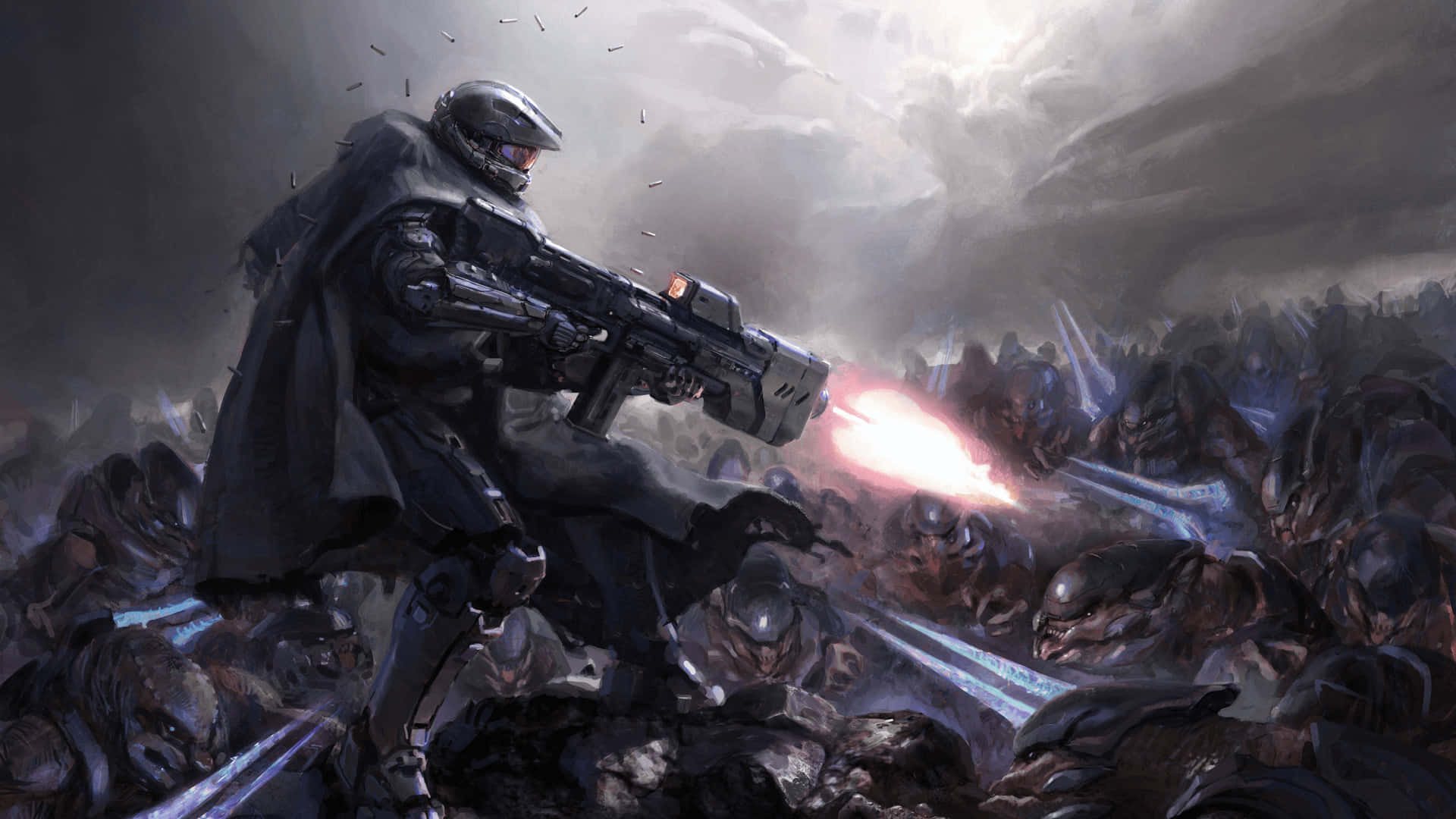 Halo Battle 桌布 壁紙 — 在風暴天空下，一名孤獨的裝甲士兵在混亂的戰場上，對著倒下的敵人發射發光武器。