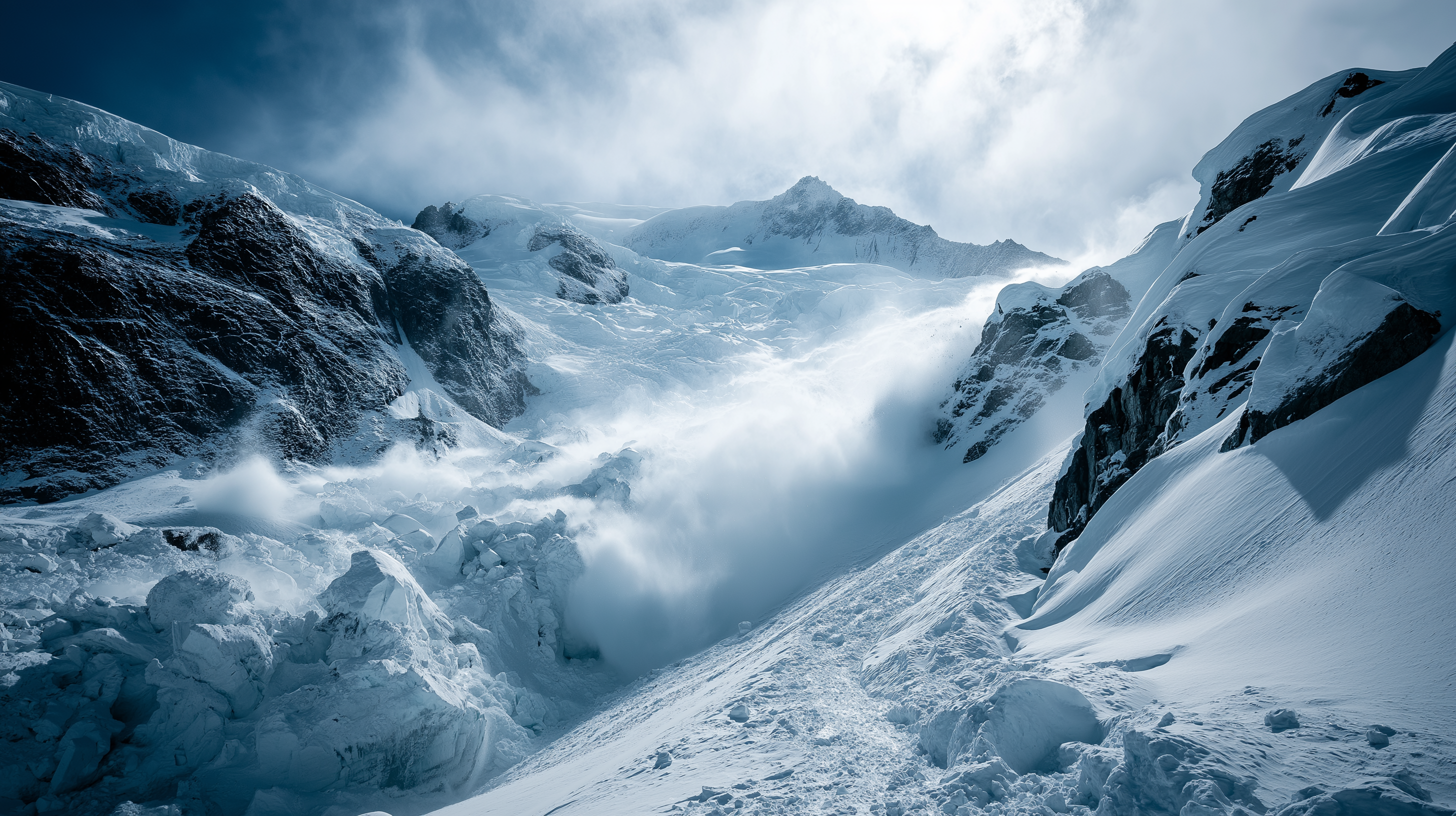 山脈 桌布 壁紙 — 在風暴天空下，一場戲劇性的雪崩衝過積雪的山谷。