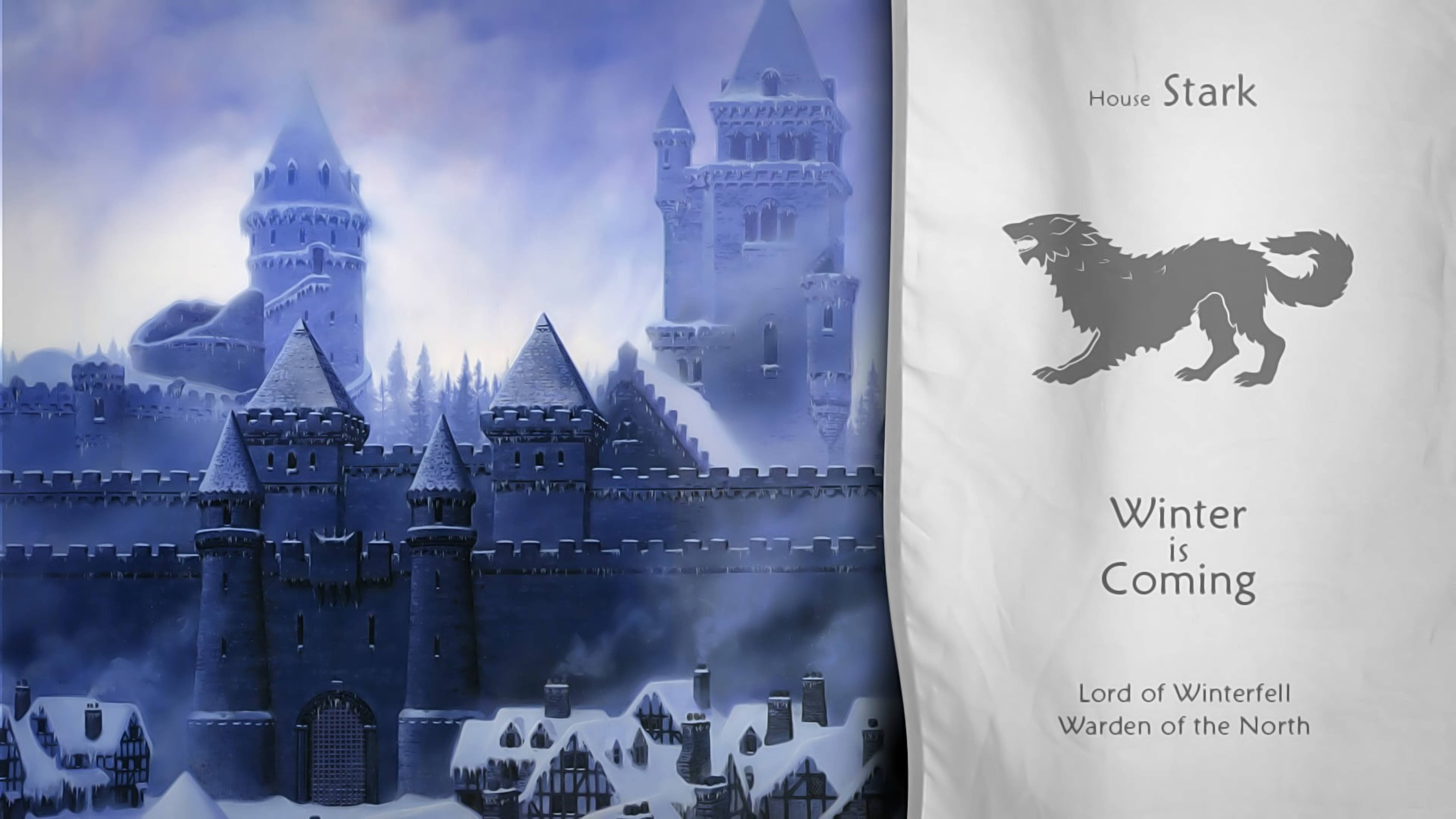 House Stark 桌布 壁紙 — 在風暴天空下，一座雪城堡旁邊有一面旗幟，上面有冰原狼和「Winter is Coming」的字句。
