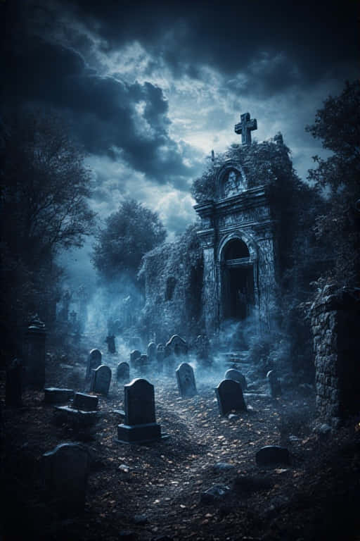 Creepy Graveyard with Skeletons Halloween 4K 壁紙 — 在風暴天空下的霧氣瀰漫墓地，有一座頂端有十字架的破舊石造小教堂。