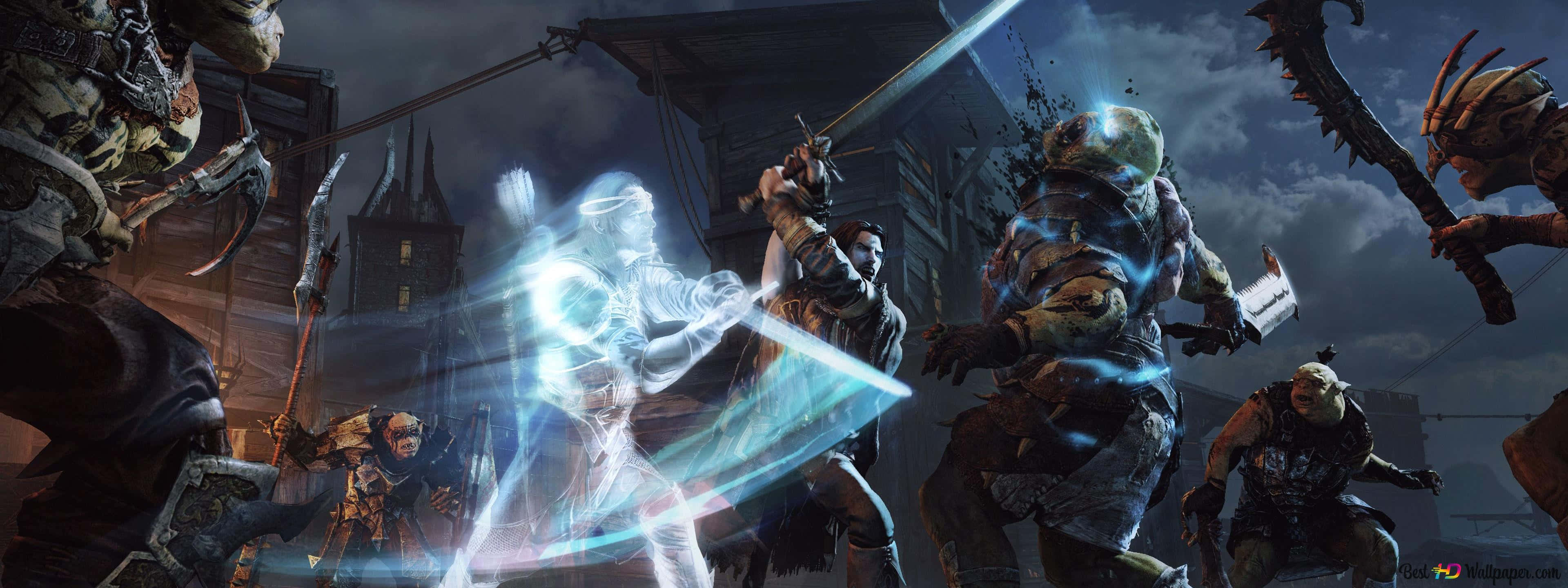 Shadow Of Mordor 桌布 壁紙 — 在風暴天空下的黑暗哥德式城市景觀中，一位發光的戰士劈開成群結隊的怪誕怪物。