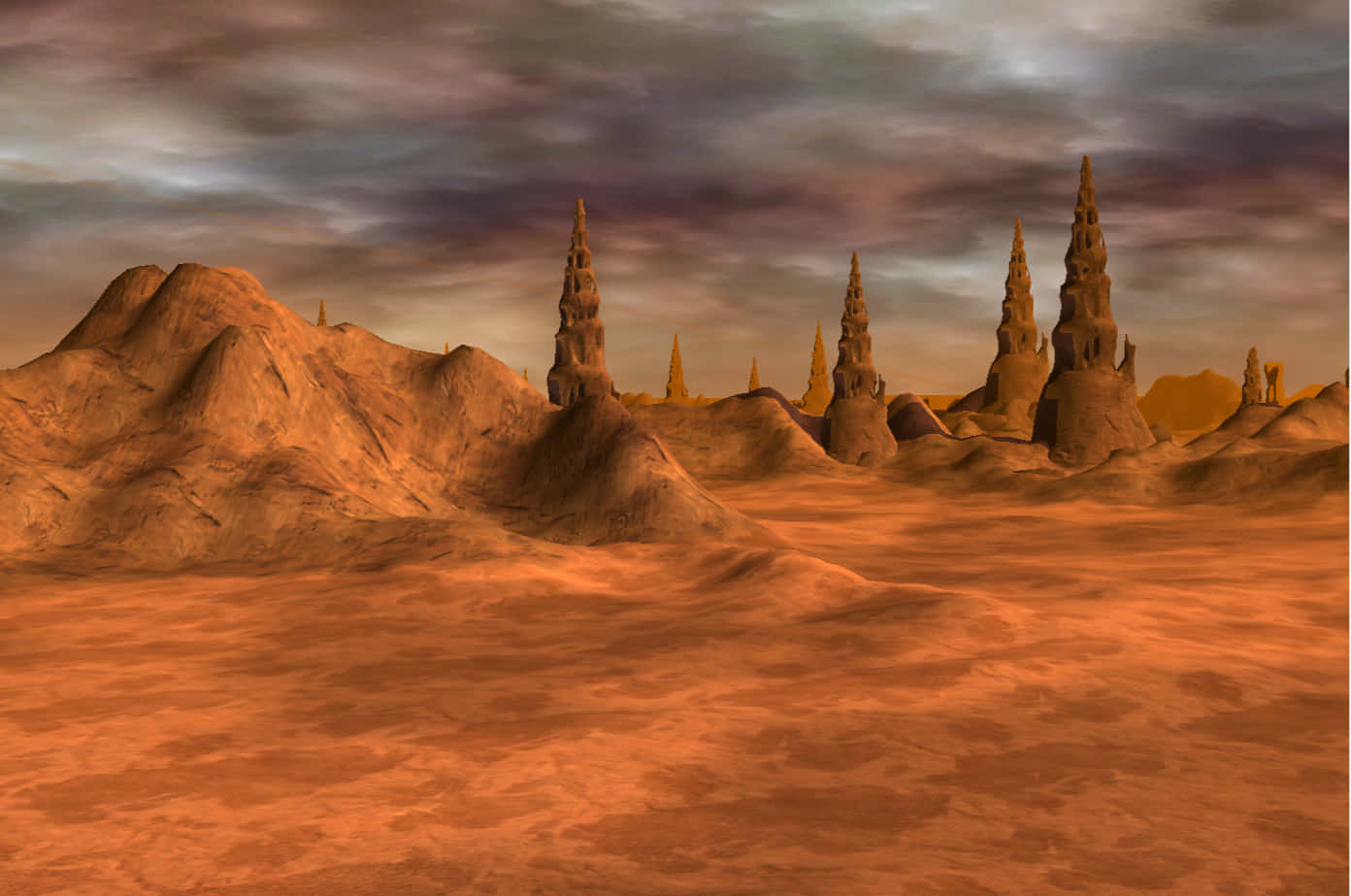 Geonosis 桌布 壁紙 — 在風暴暮色天空下，一座超現實的外星沙漠，聳立著尖塔形地貌。