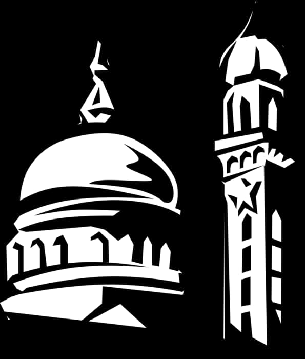 Mosque 桌布 壁紙 — 在風格化圖形設計中，清真寺圓頂和宣禮塔的醒目白色剪影，襯以 stark 黑色背景。