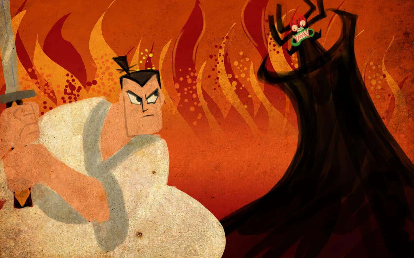 samurai jack 桌布 壁紙 — 在風格化的動畫戰鬥場景中，一名持劍戰士在旋轉的橙色火焰中面對一個威脅性的蜘蛛狀惡魔。