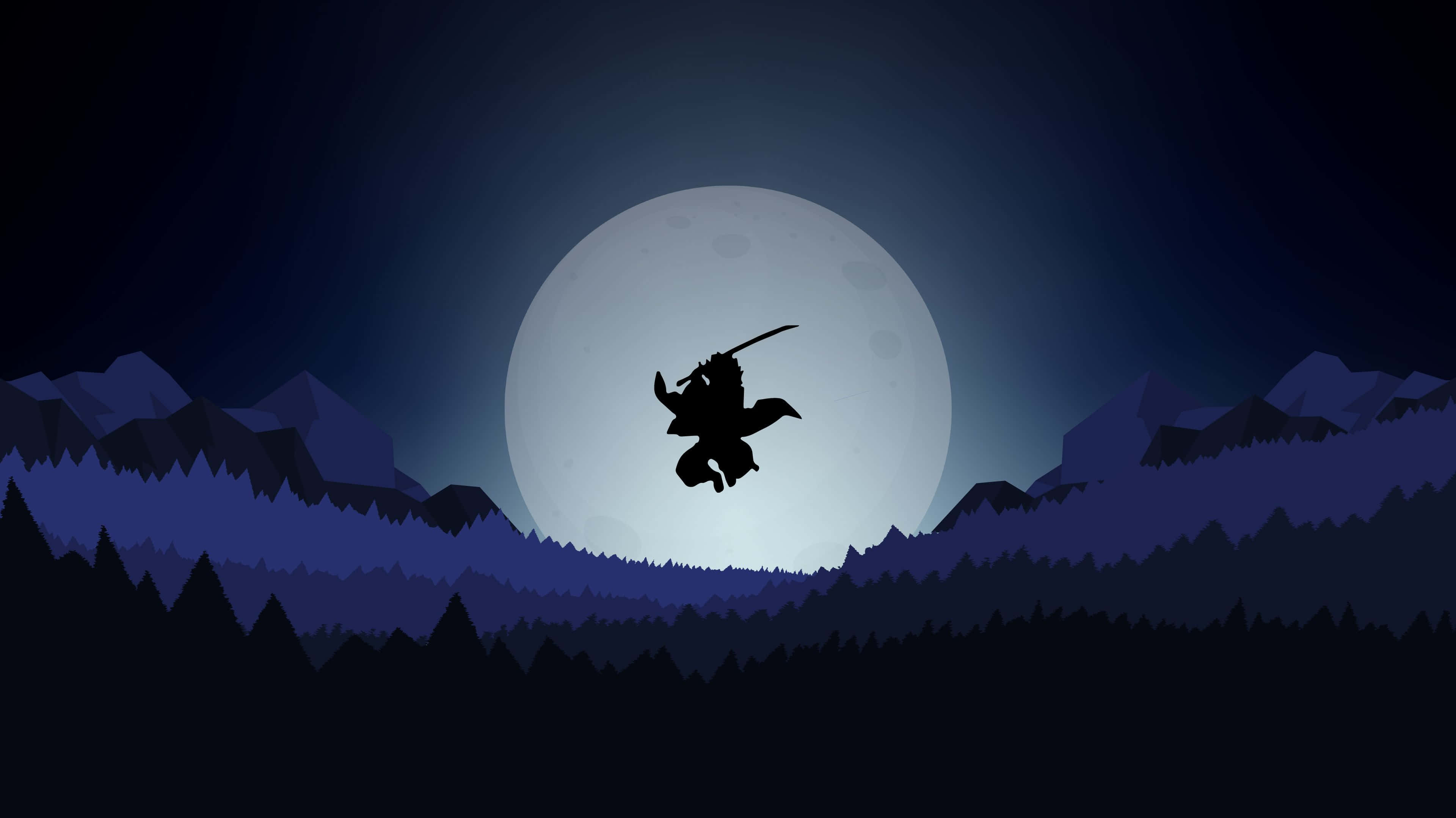 鬼滅之刃 桌布 壁紙 — 在風格化的夜景中，一個忍者剪影在巨大的發光月亮下躍過山脈。
