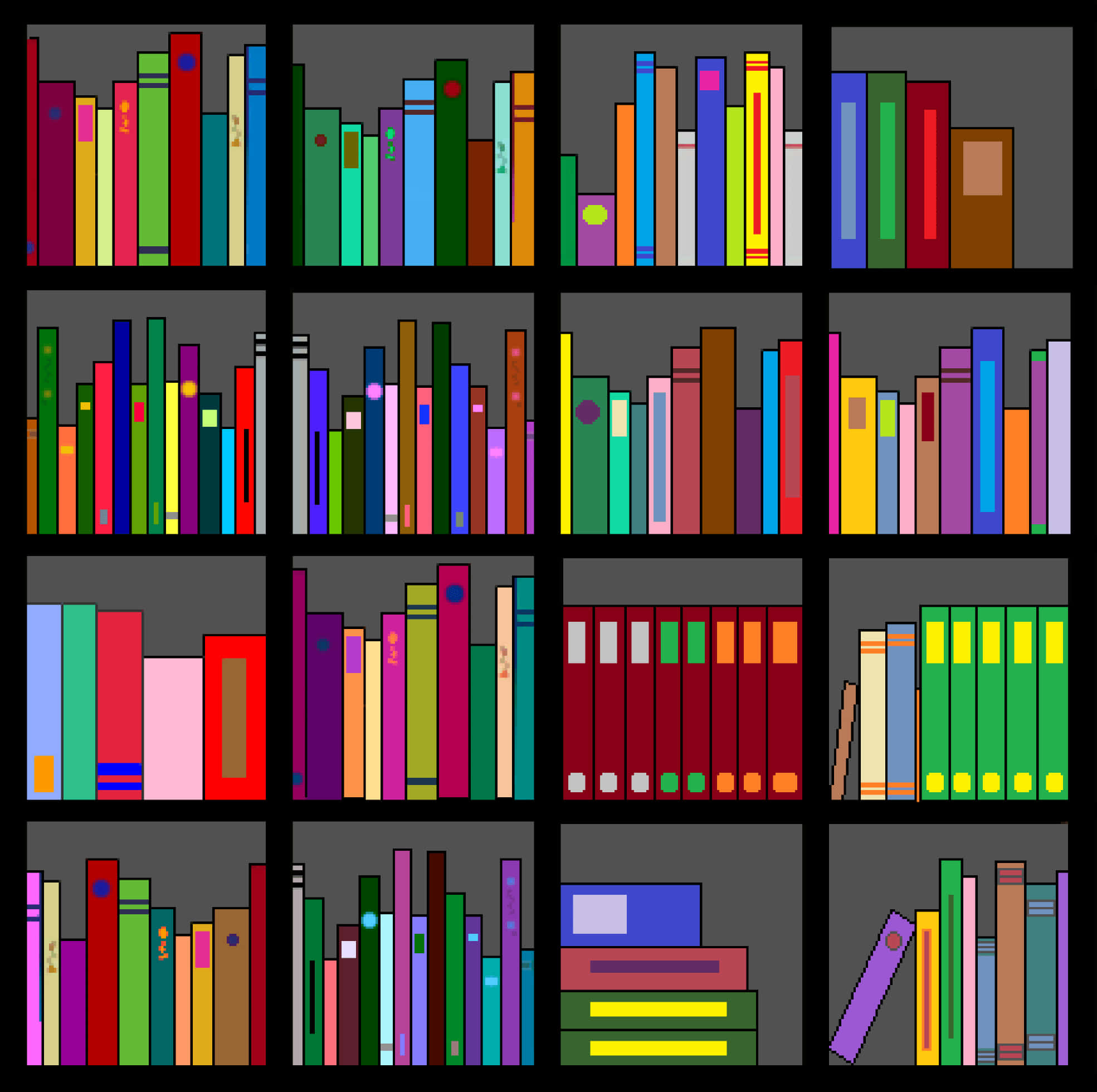 書本 桌布 壁紙 — 在風格化的數位插圖中，色彩繽紛的書脊在深色書架上排列成充滿活力的網格。